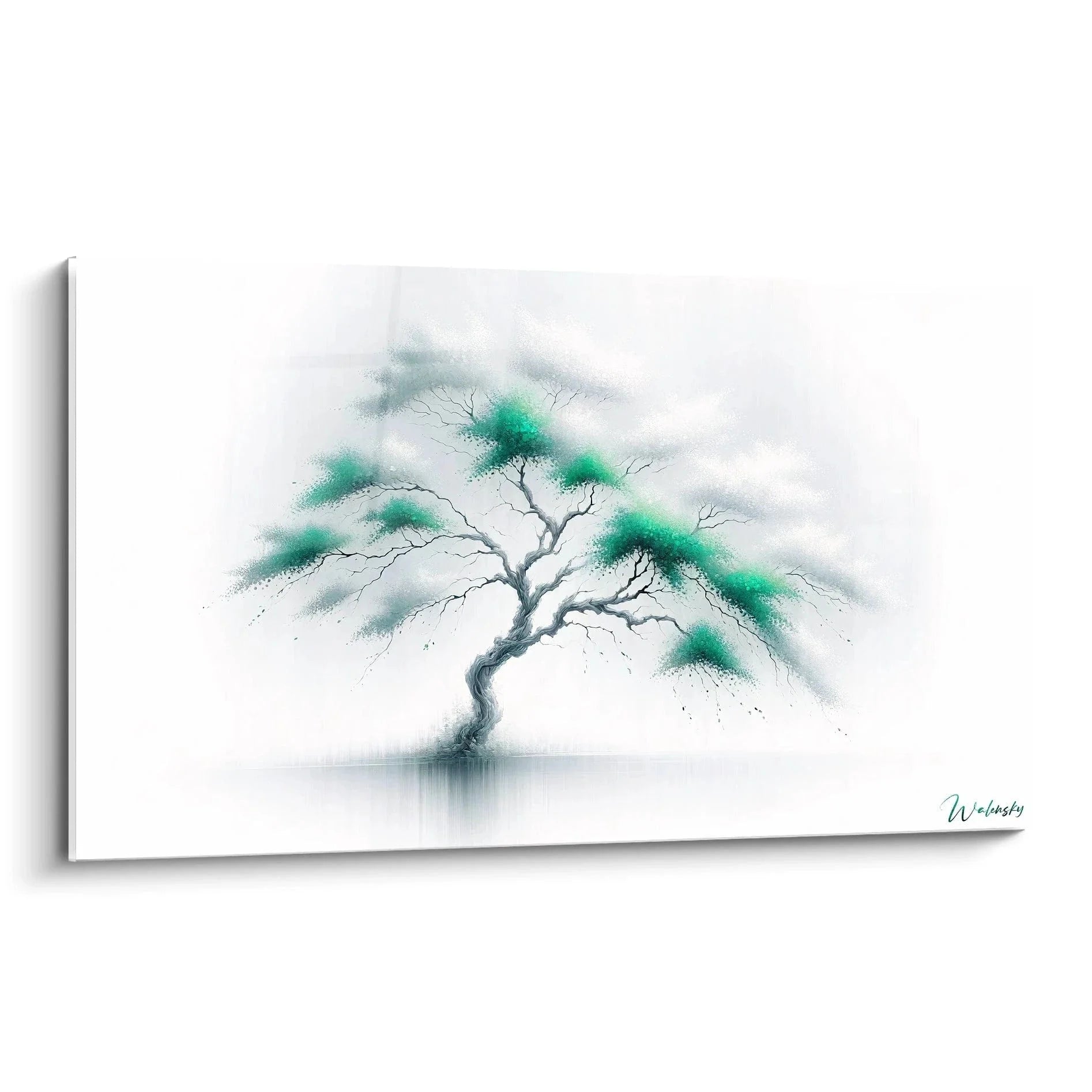 Minimalistisches Wandbild mit grünem Baum und türkisfarbenen Nebelschwaden auf weißem Hintergrund