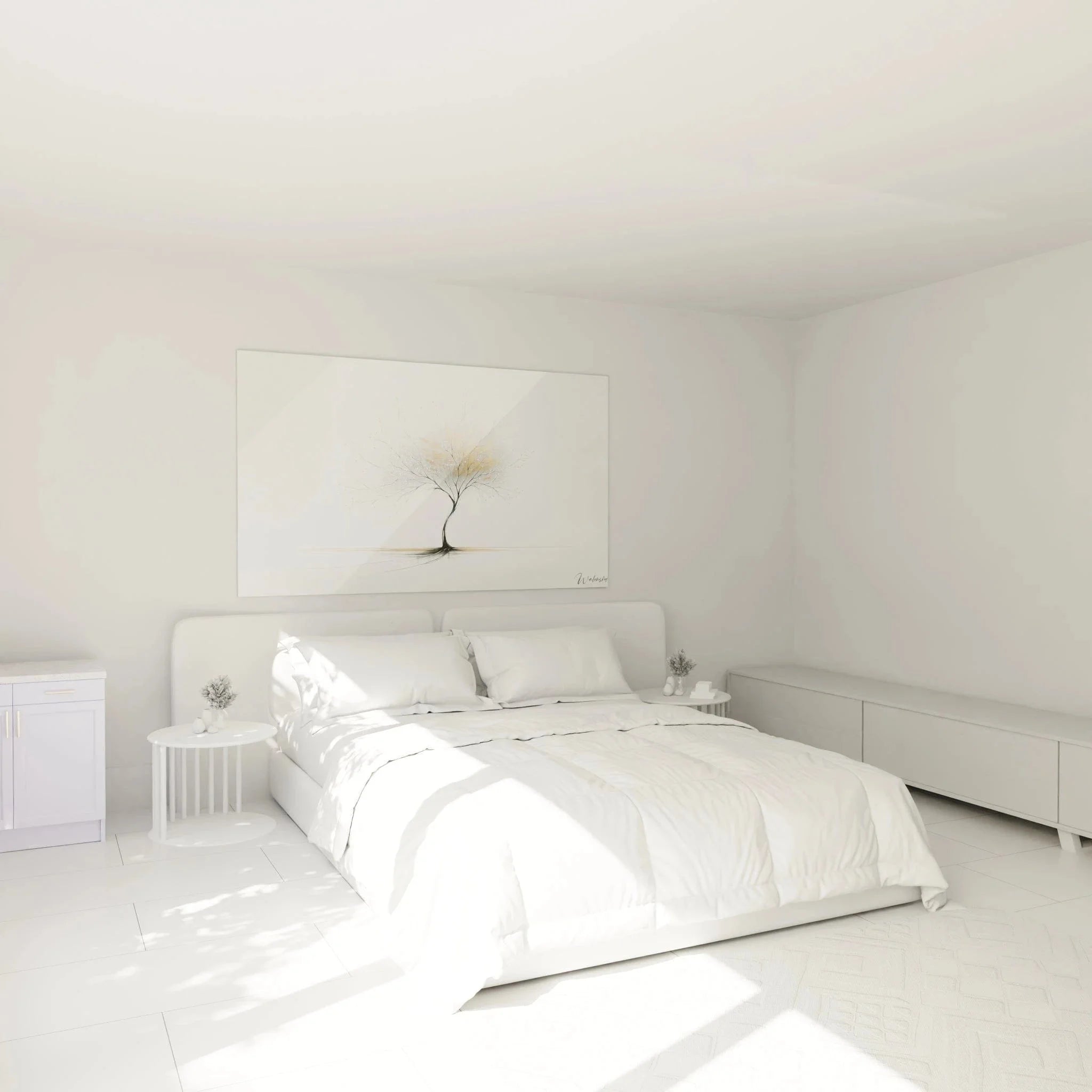 Modernes Wandbild Baum in Schlafzimmer Ambiente - Goldener Traumbaum als stilvolle Wanddekoration über dem Bett