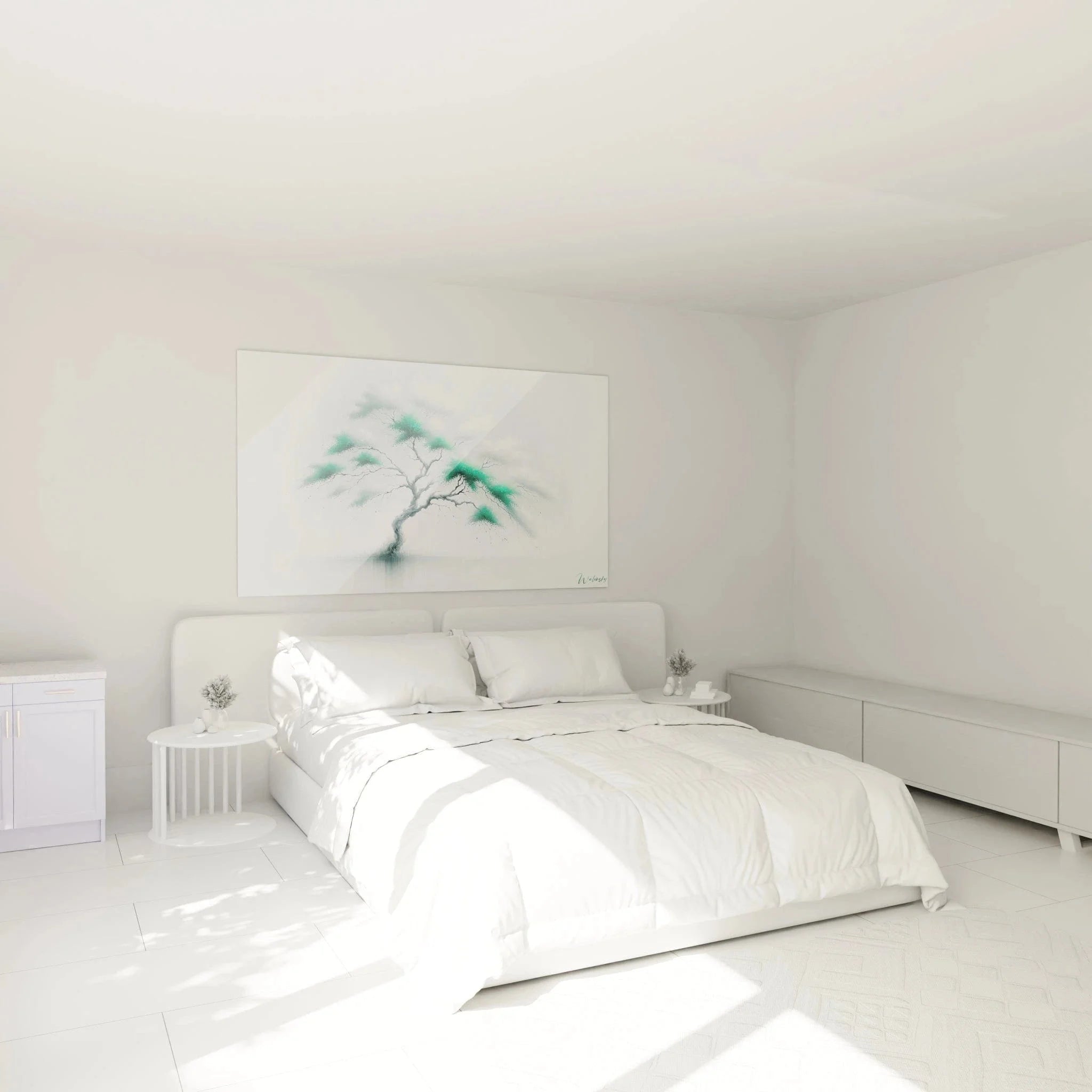 Wandbild Baum Minimalismus in modernem Schlafzimmer mit skandinavischer Einrichtung