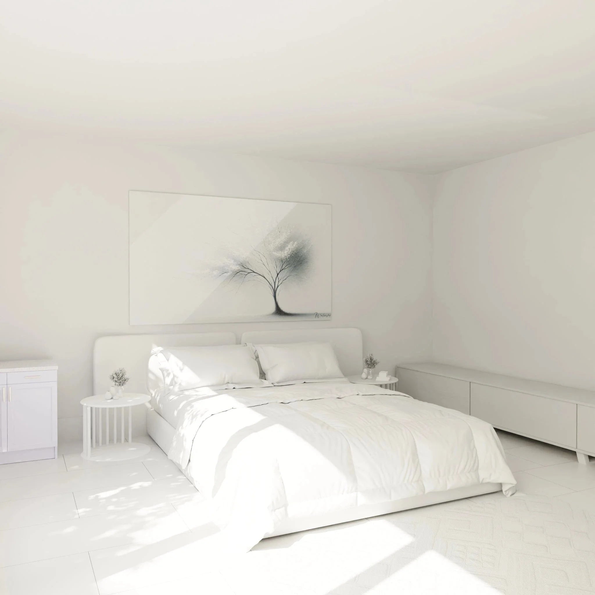 Wandbild Baum Schlafzimmer - Elegante Baumkunst über dem Bett in ruhigen Grautönen