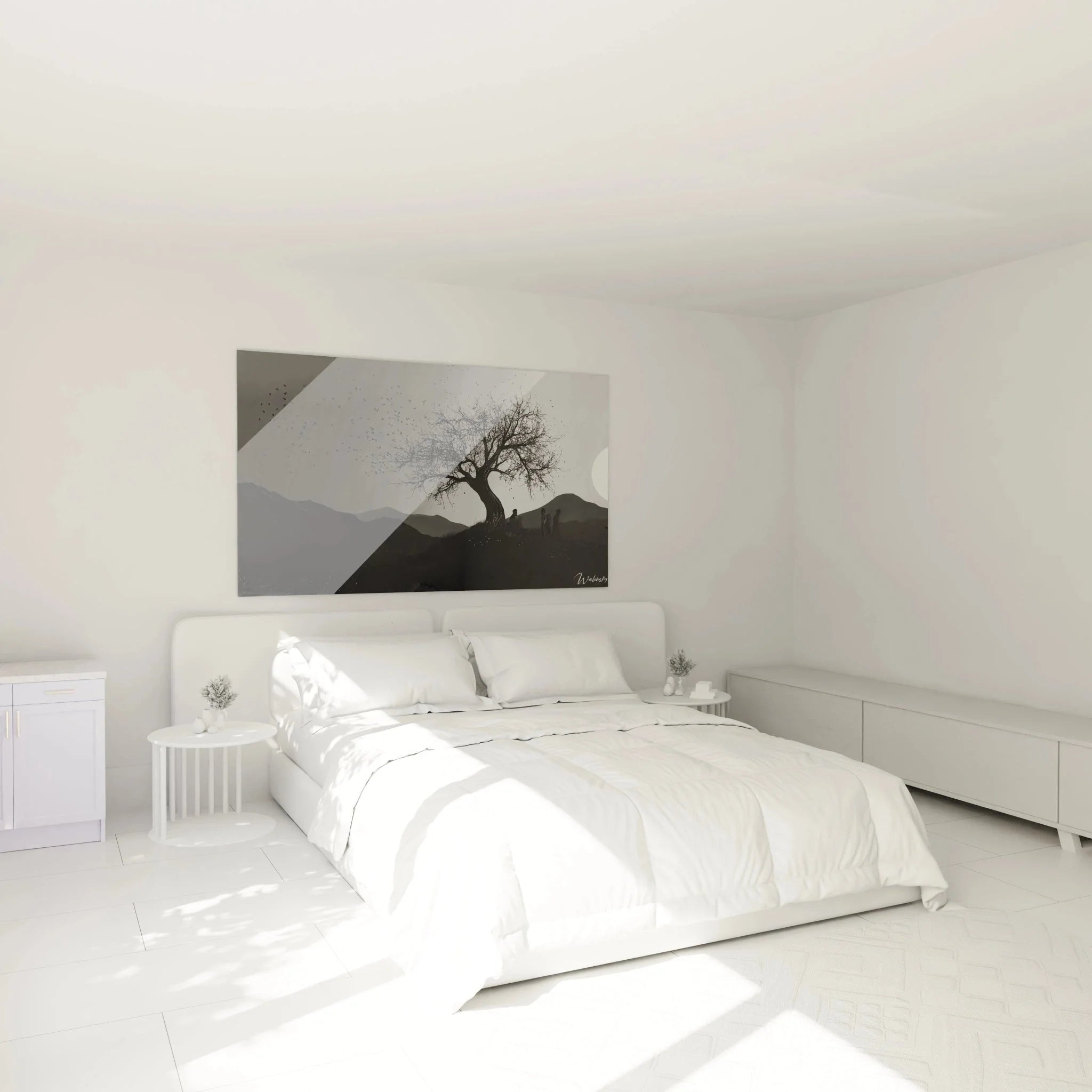 Wandbild Baum Silhouette im Schlafzimmer Ambiente schwarz weiß Wanddekoration Edition Goya