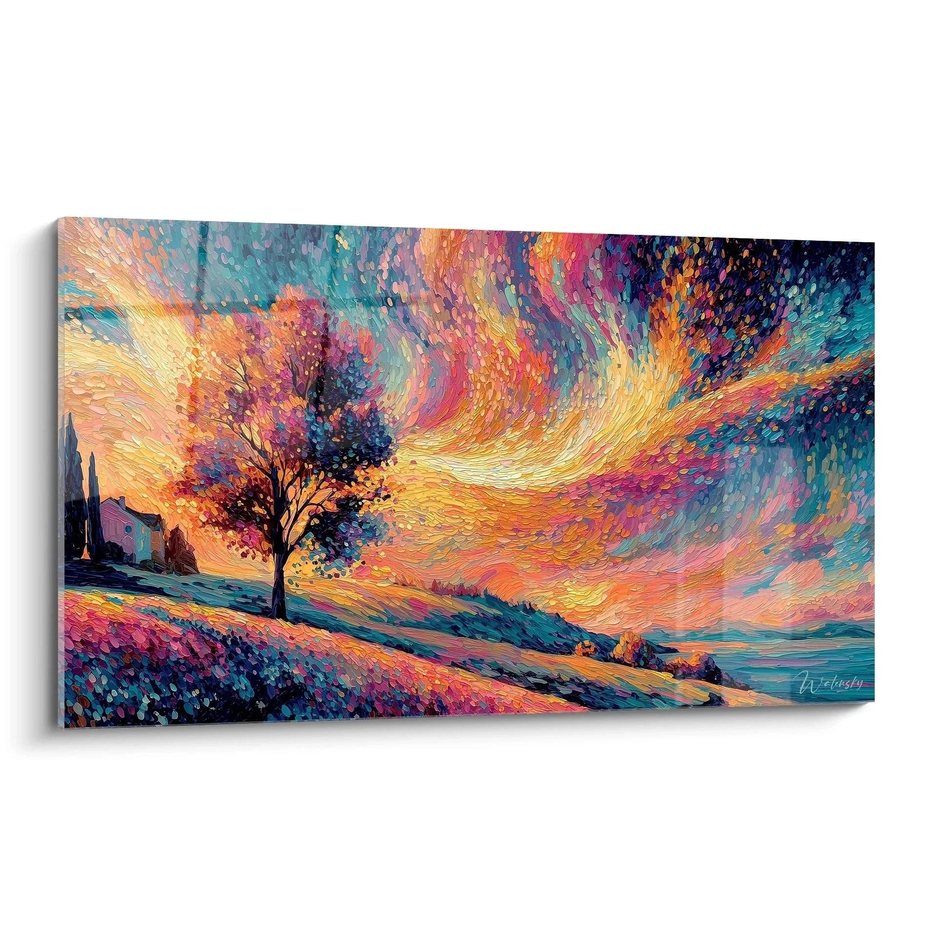 Wandbild Baum Sonnenuntergang Pointillismus mit kosmischem Himmel und leuchtenden Farben