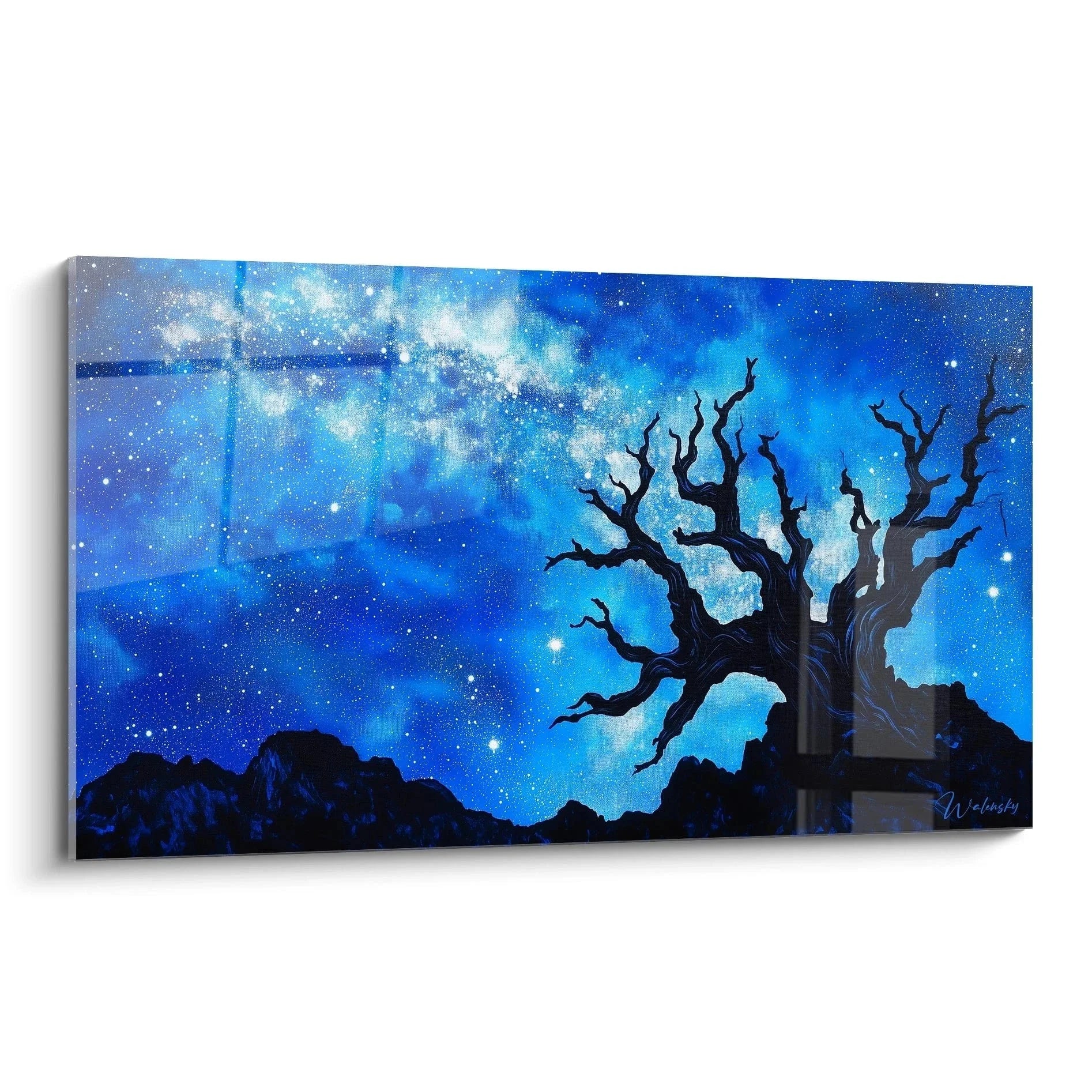 Wandbild mystischer Baum unter leuchtendem Sternenhimmel mit Milchstraße - Edition Sternenhimmel Kunstdruck