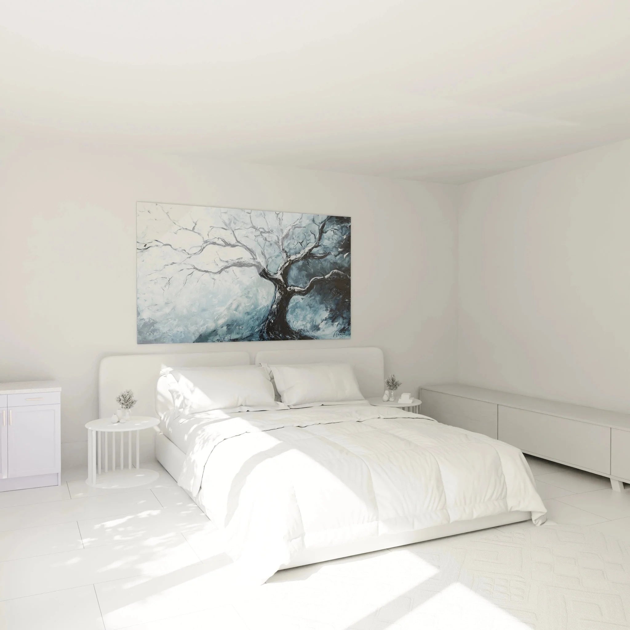 Wandbild Baum Winter im Schlafzimmer - Elegante blaue Wanddekoration mit Naturmotiv für beruhigende Raumatmosphäre