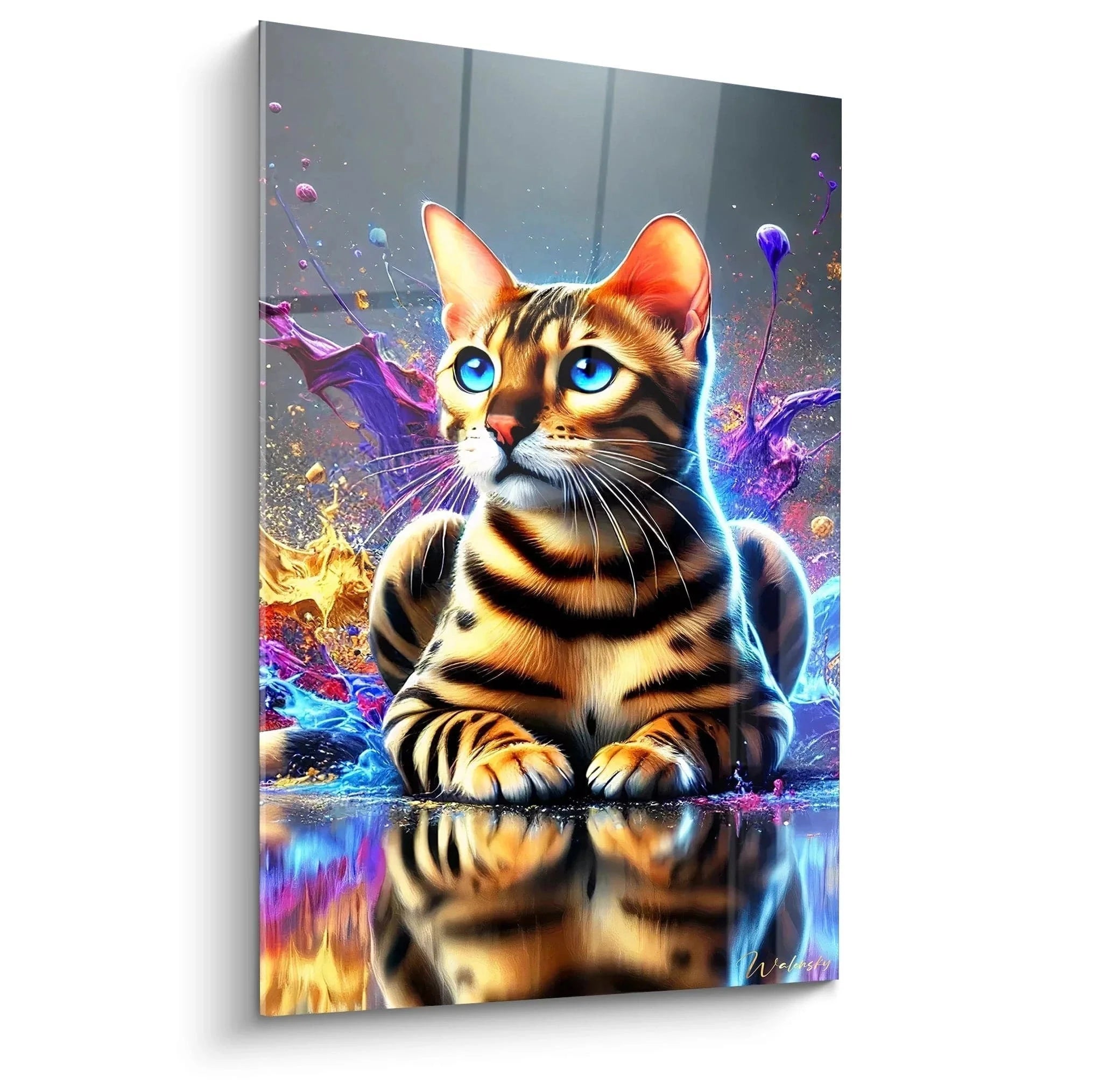 Wandbild Bengal Katze mit leuchtenden blauen Augen und magischen Farbeffekten - Edition Katze Wanddeko