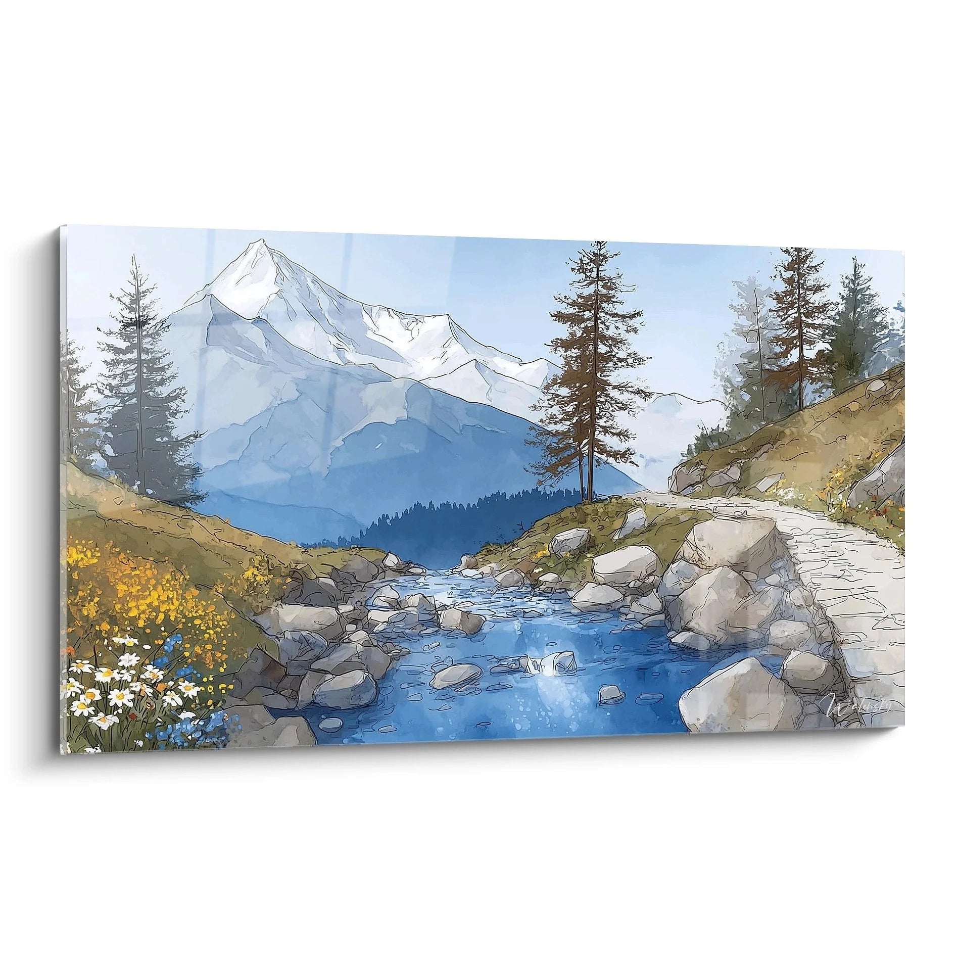 Wandbild Bergbach mit Alpenlandschaft - kristallklarer Gebirgsbach zwischen Felsen mit Bergpanorama
