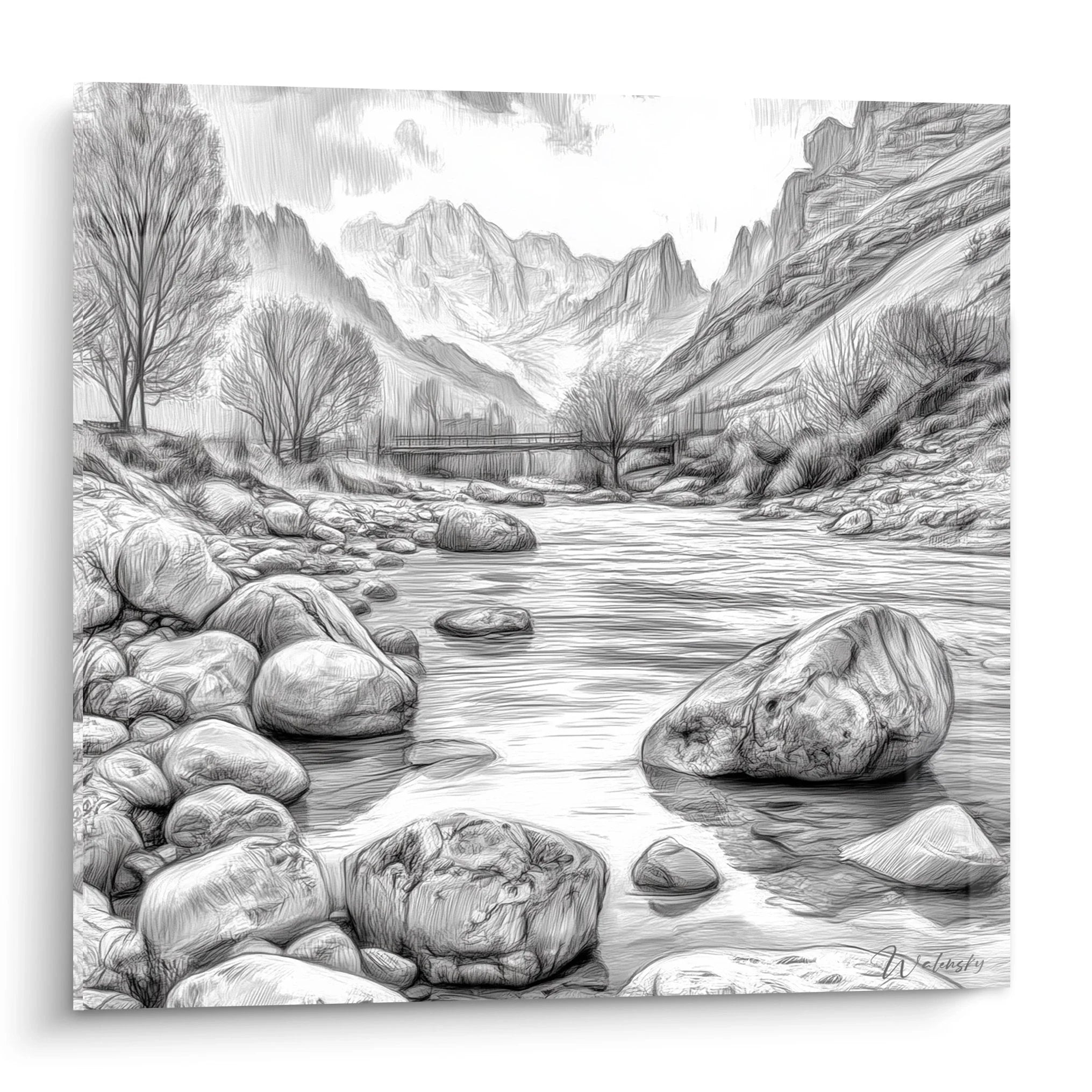 Wandbild Bergbach schwarz-weiß Zeichnung kristallklarer Gebirgsfluss Schlucht Felsen Holzbrücke
