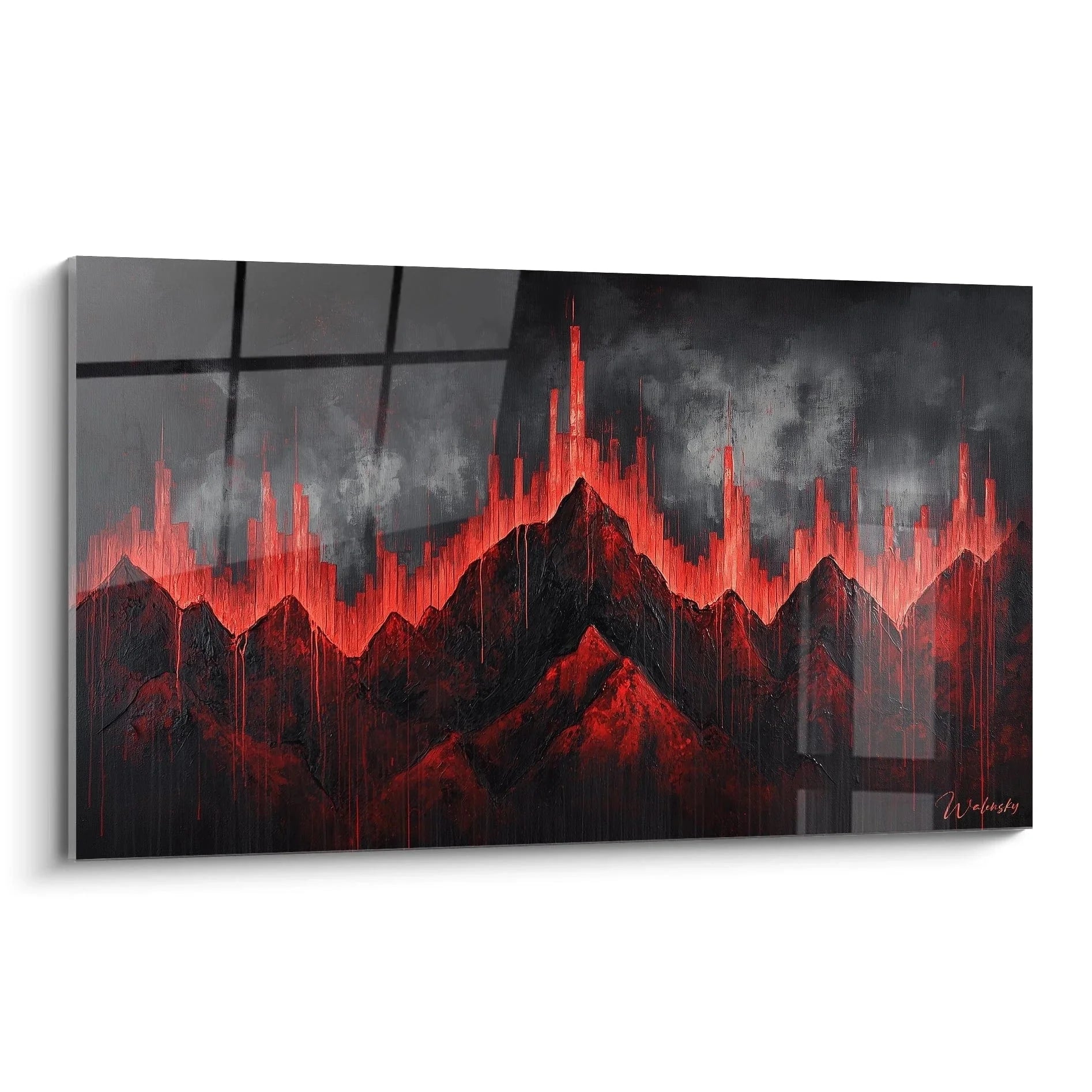 Wandbild brennende Berge mit rotem Feuer und schwarzen Silhouetten im Malerei-Stil