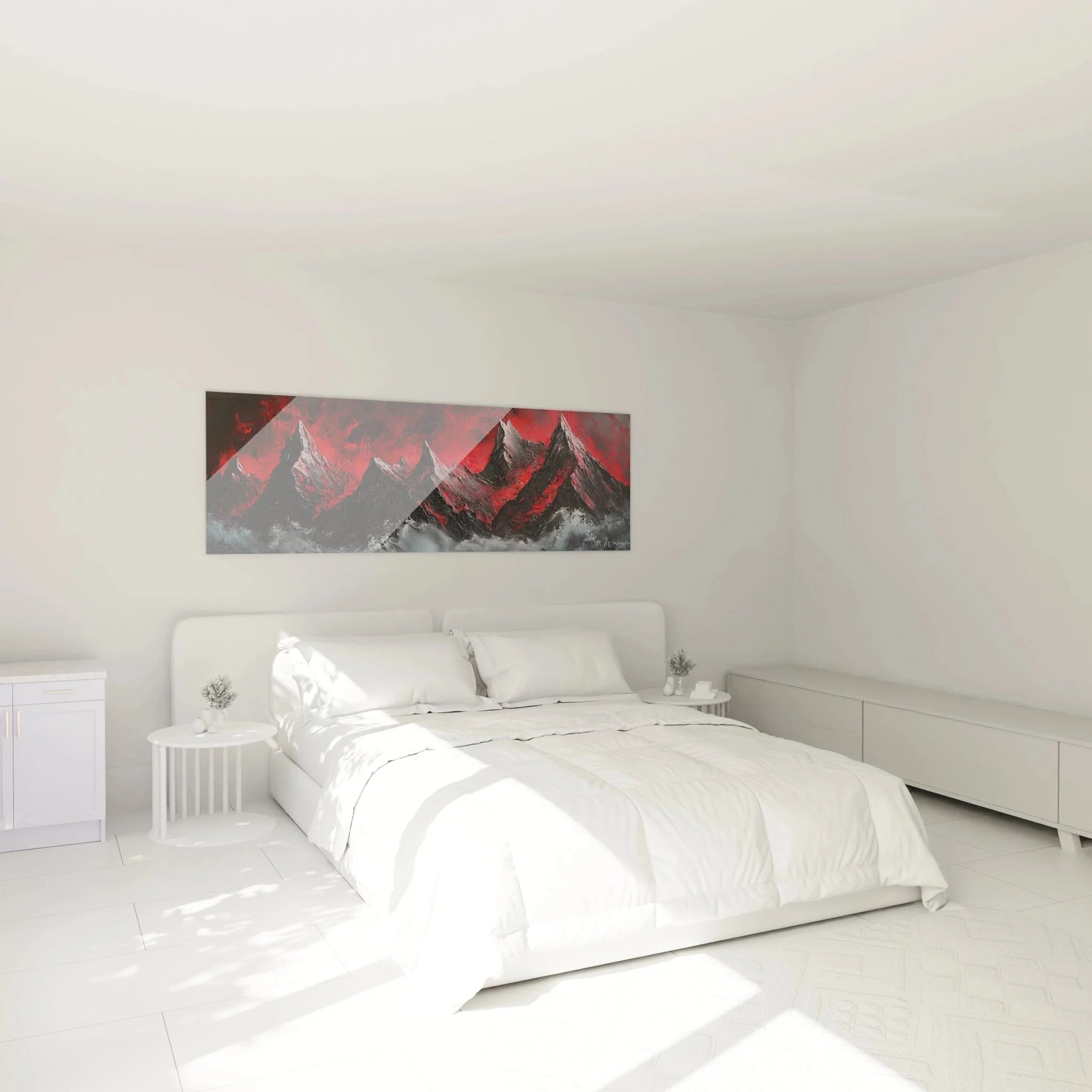 Wandbild Berge Feuerberge im Schlafzimmer Ambiente, moderne Malerei-Optik Wanddekoration über dem Bett
