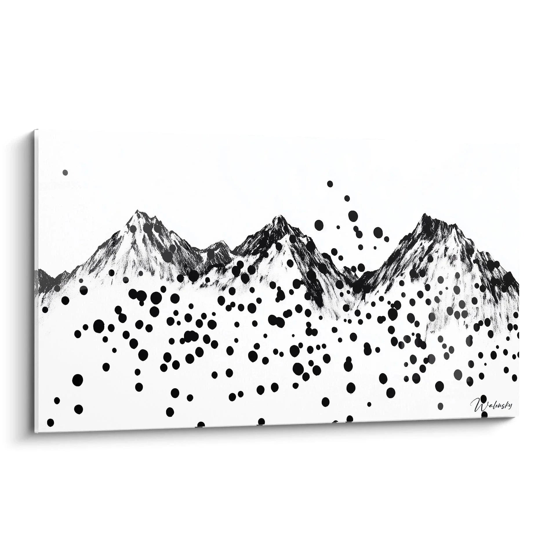 Wandbild Berge mit Dalmatiner Punkten Schwarz-Weiß Design moderne Alpenlandschaft gepunktete Wandkunst