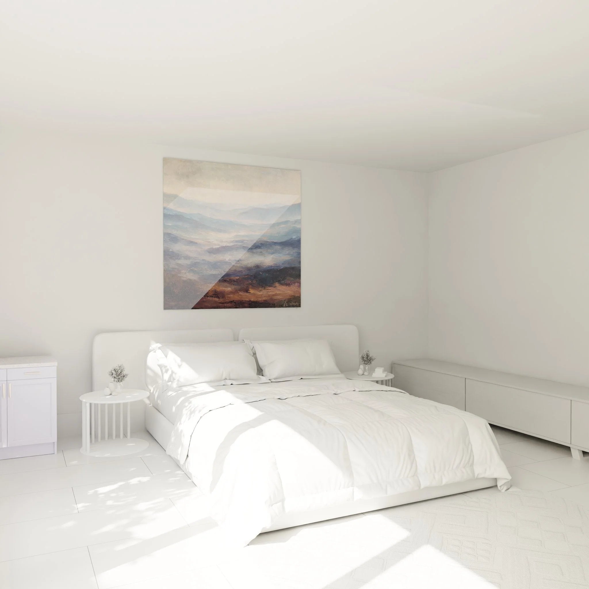 Wandbild neblige Berglandschaft im Schlafzimmer - atmosphärische Landschaftskunst in Blau-Beige