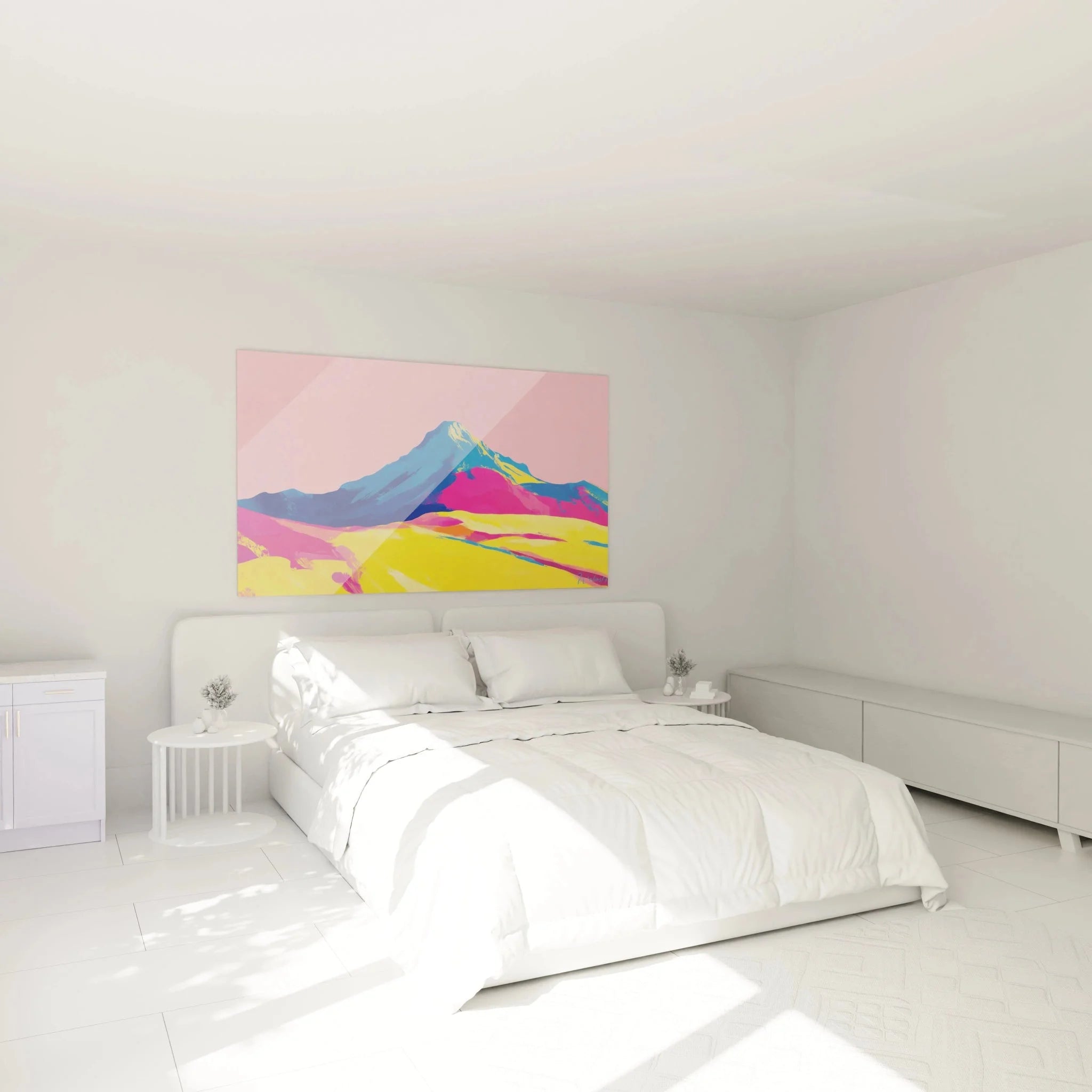 Wandbild moderne Berglandschaft in Schlafzimmer Ambiente, leuchtende Farben Pink Blau, Corot Edition Leinwand