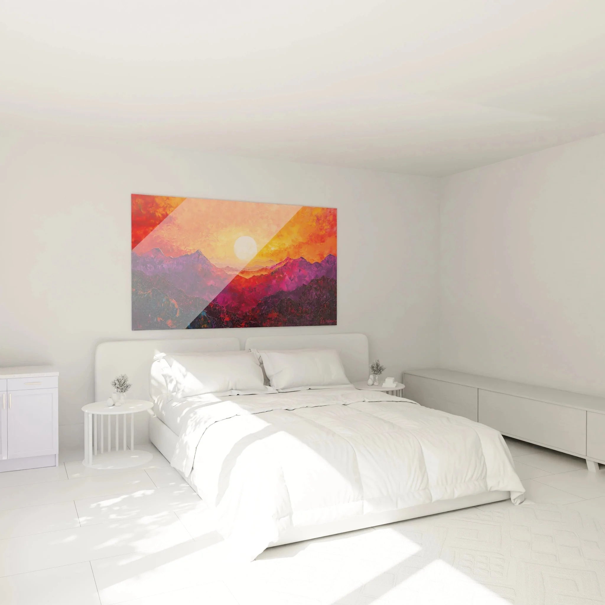 Modernes Wandbild Bergpanorama Sonnenuntergang in Schlafzimmer Ambiente mit warmen Farbtönen