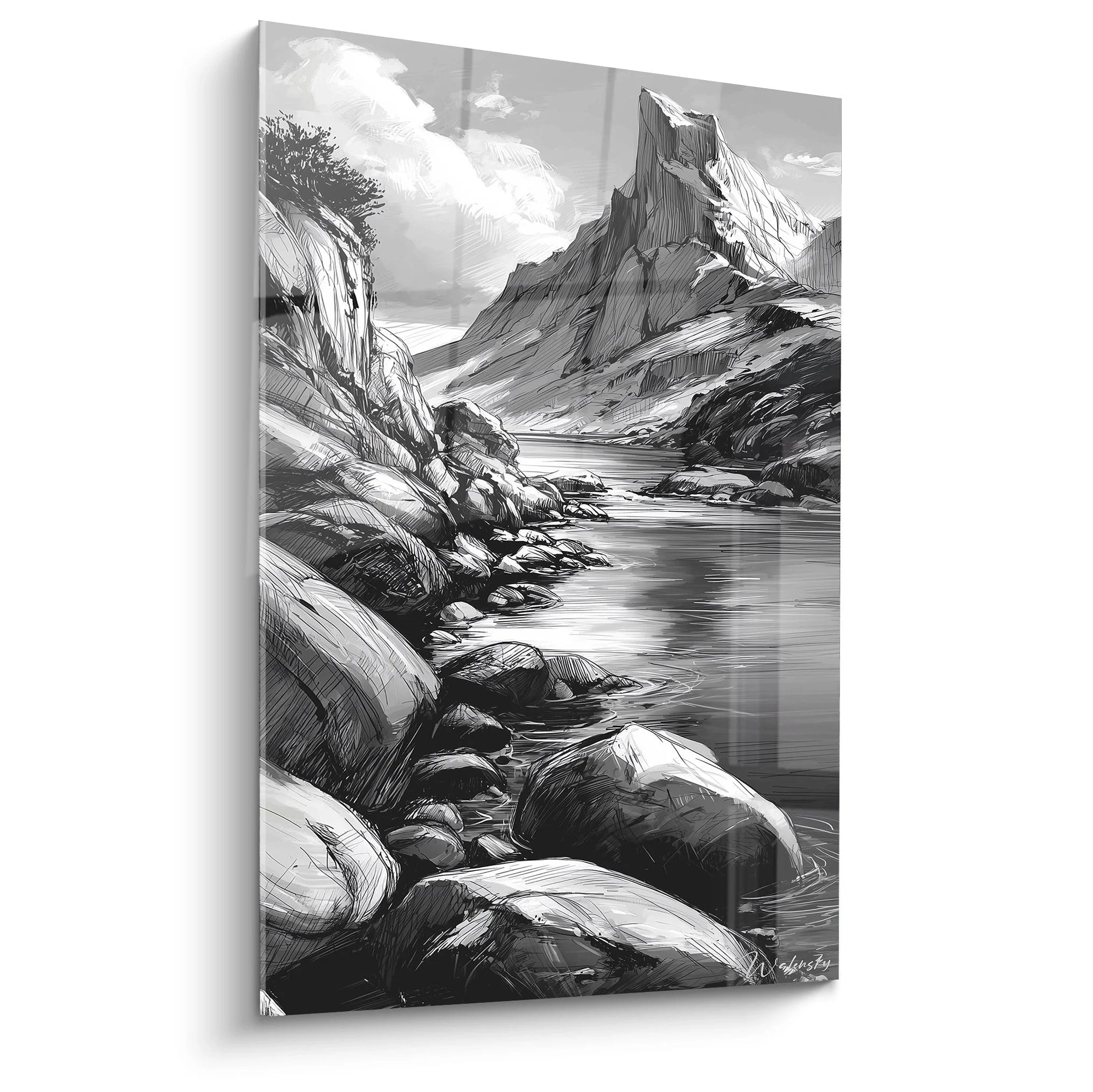 Wandbild Bergfjord Küstenlandschaft schwarz-weiß Zeichnung mit dramatischen Bergen und ruhigem Wasser