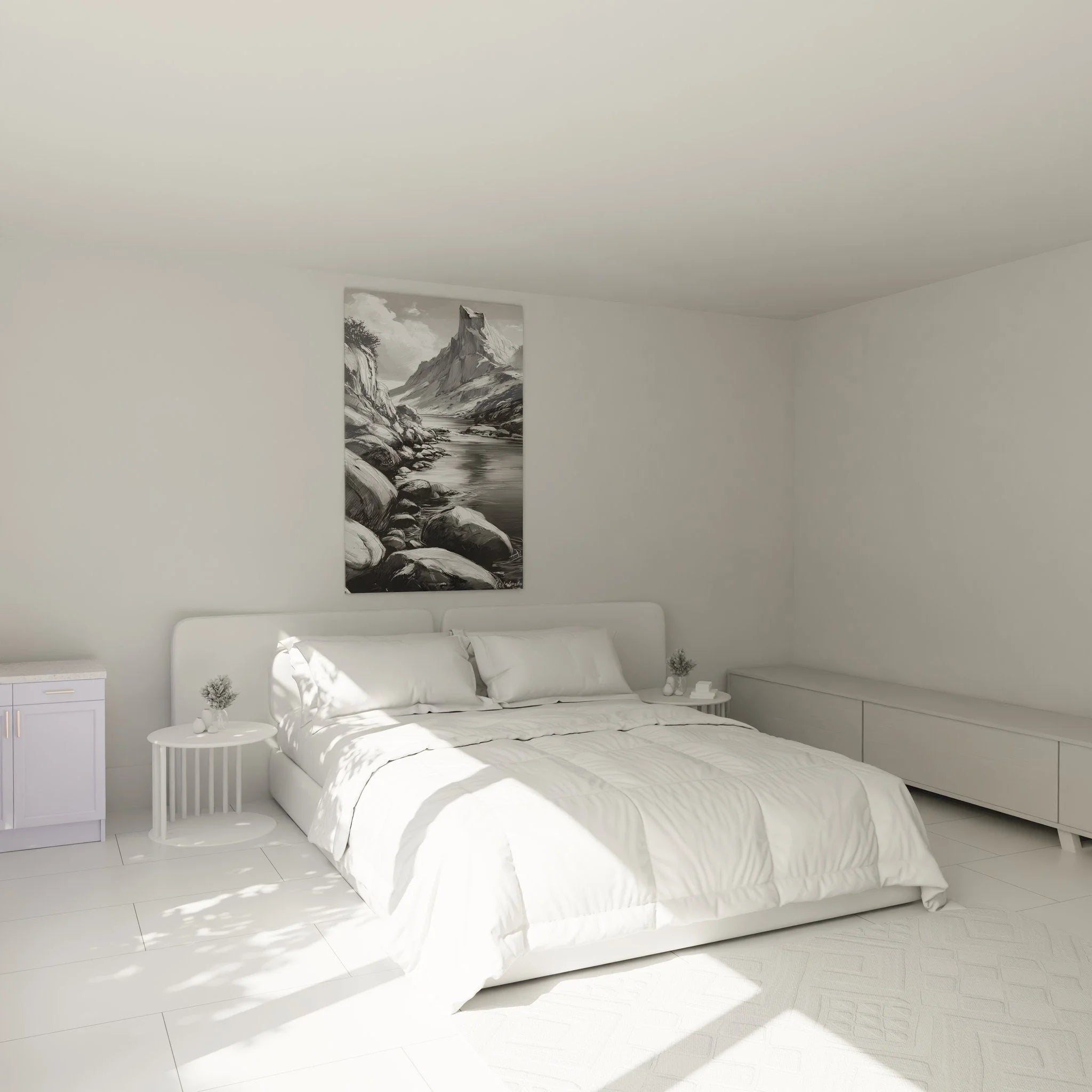 Wandbild Bergfjord in modernem Schlafzimmer als nordische Wanddekoration über dem Bett montiert