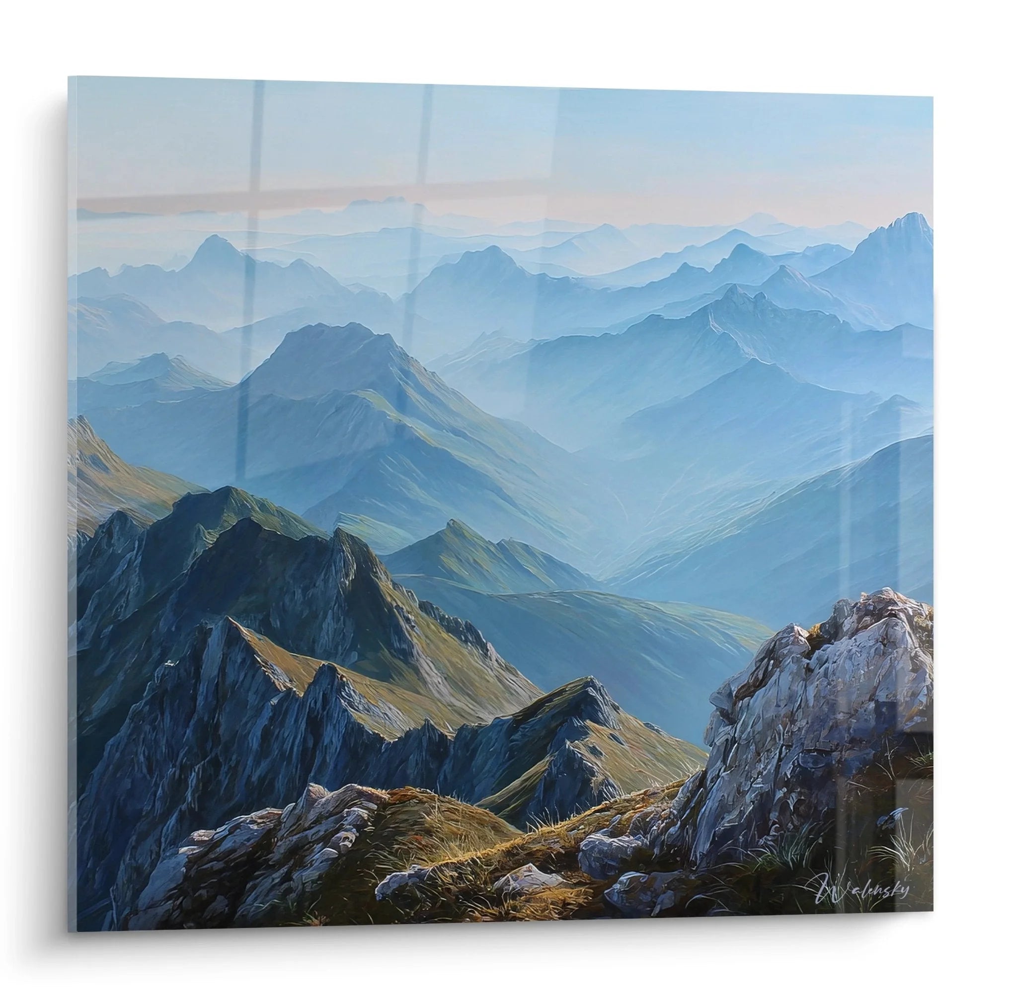 Wandbild Bergketten Alpenlandschaft mit blauen Gipfeln und Nebel - Edition Berg Wanddekoration