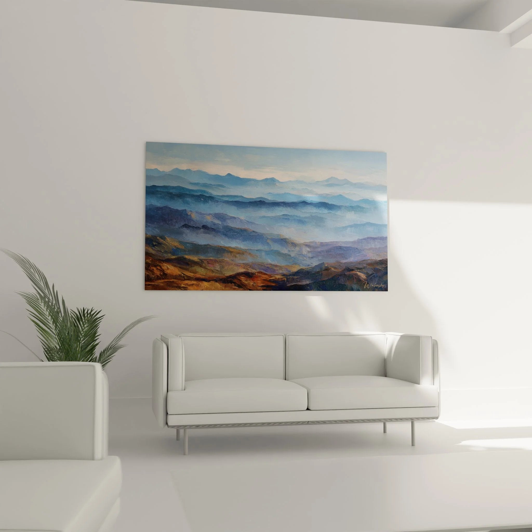 Detailansicht Wandbild Bergketten - Farbverlauf von warmen Erdtönen zu kühlen Blautönen im Gebirge