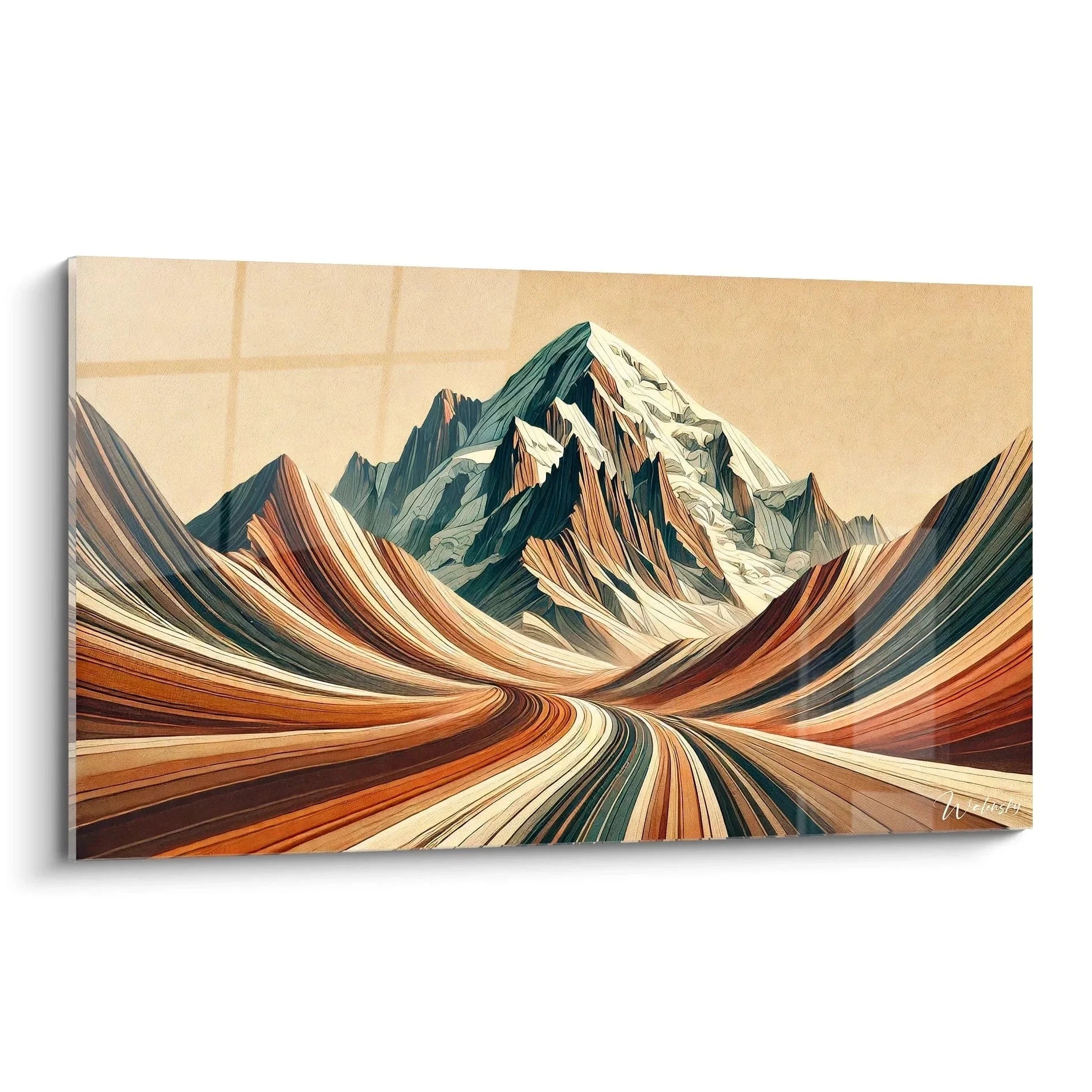 Wandbild Berglandschaft abstrakt mit fließenden Linien und schneebedeckten Alpen in warmen Erdtönen