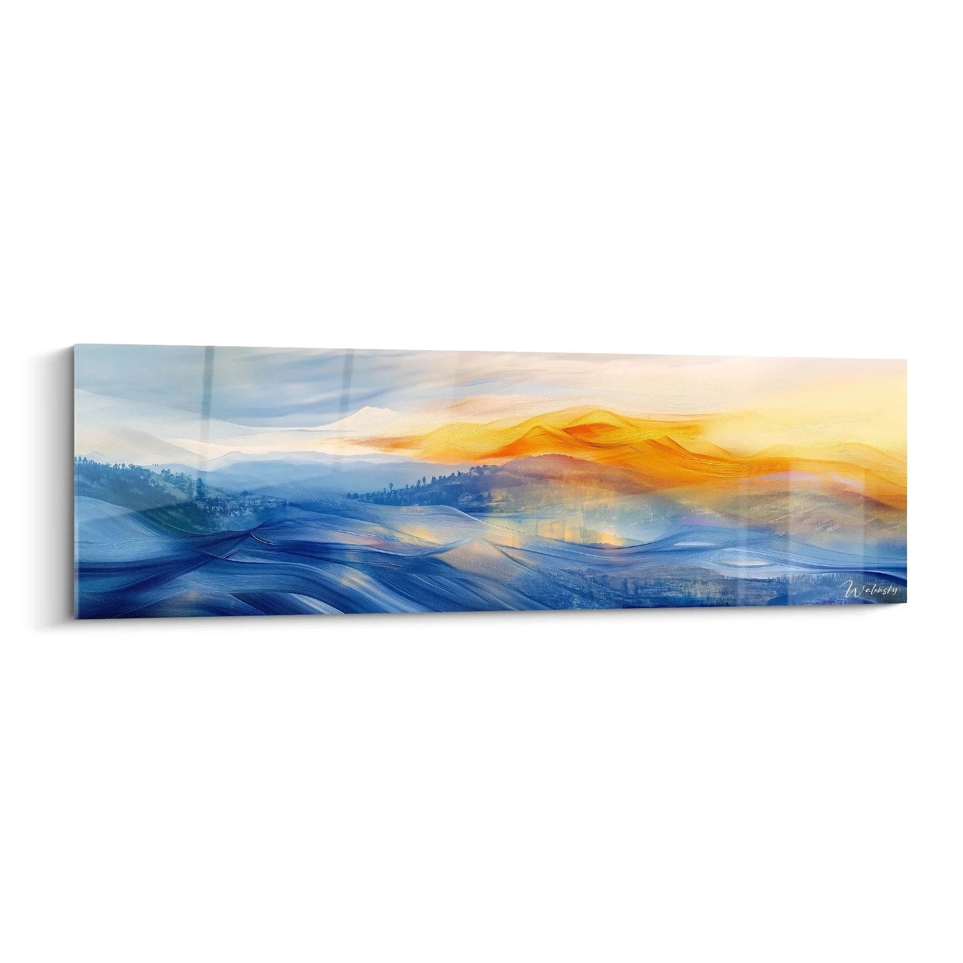 Wandbild Berglandschaft abstrakt mit Sonnenaufgang in Blau-Orange Tönen minimalistische Kunst