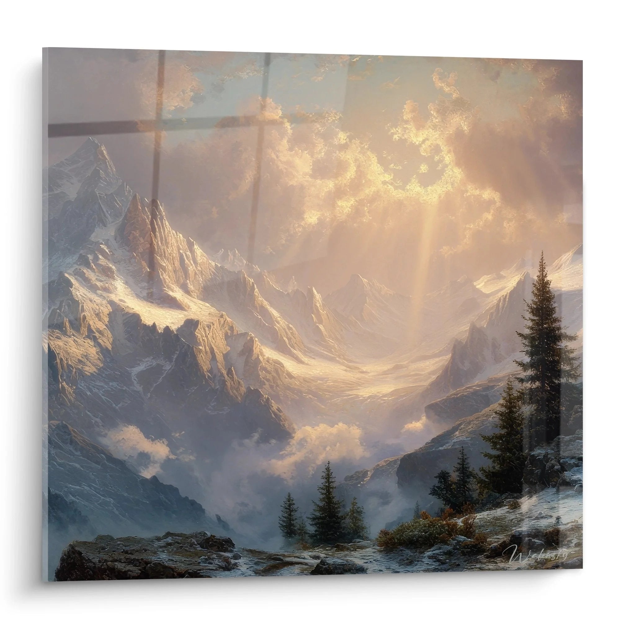 Wandbild Berglandschaft mit schneebedeckten Alpengipfeln im goldenen Abendlicht und Nadelbäumen