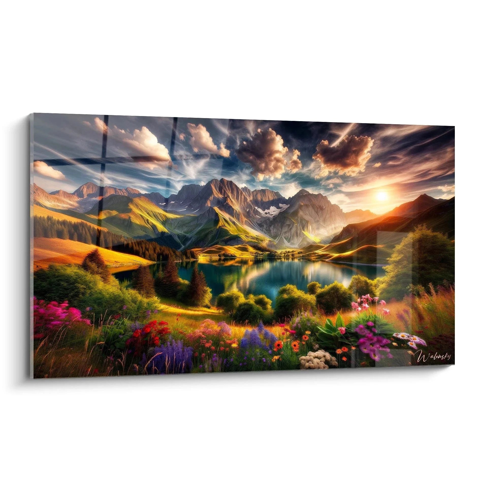 Wandbild Berglandschaft mit Alpensee und Wildblumenwiese, dramatischer Himmel über Berggipfeln
