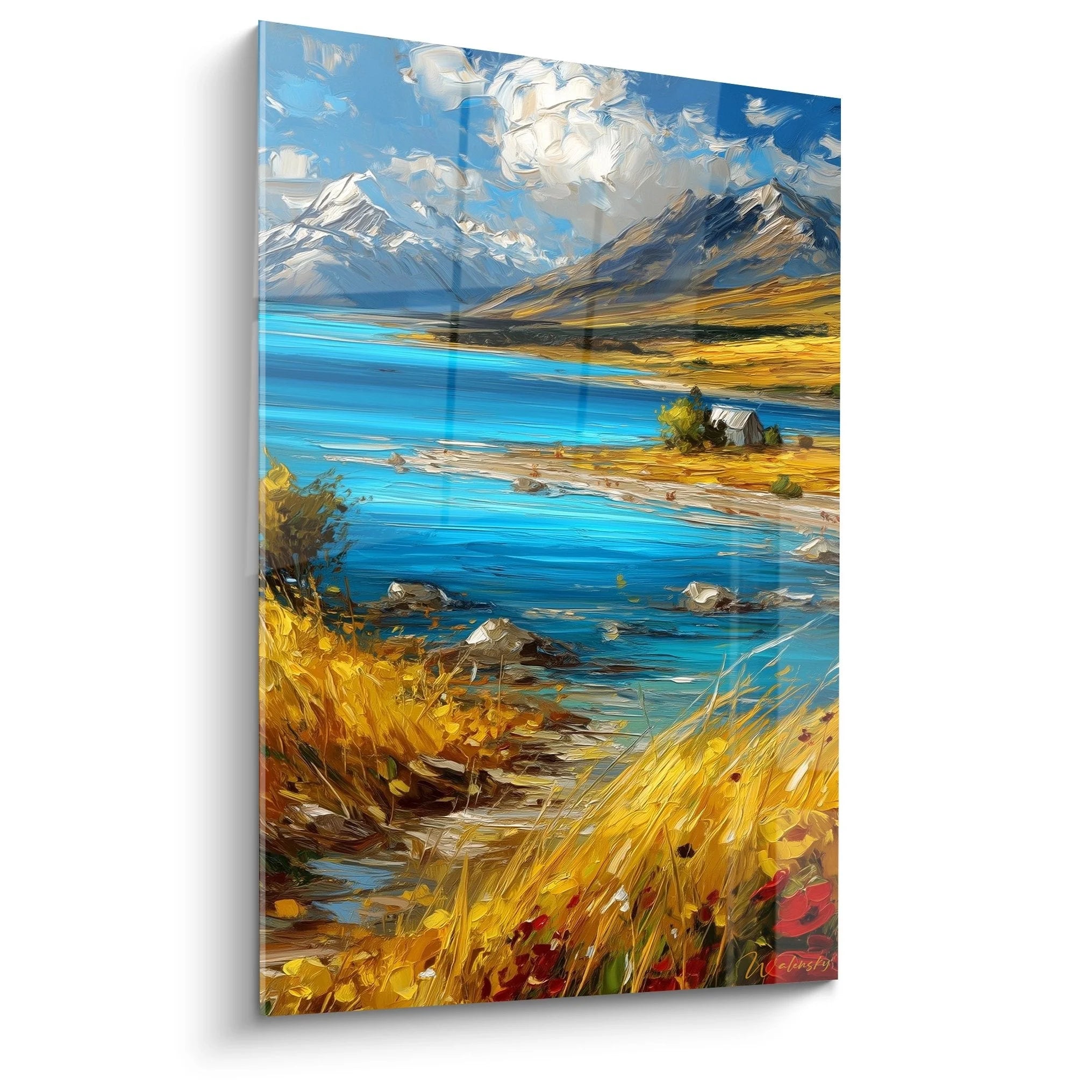 Wandbild Berglandschaft mit türkisblauem See und schneebedeckten Alpen in impressionistischem Malstil