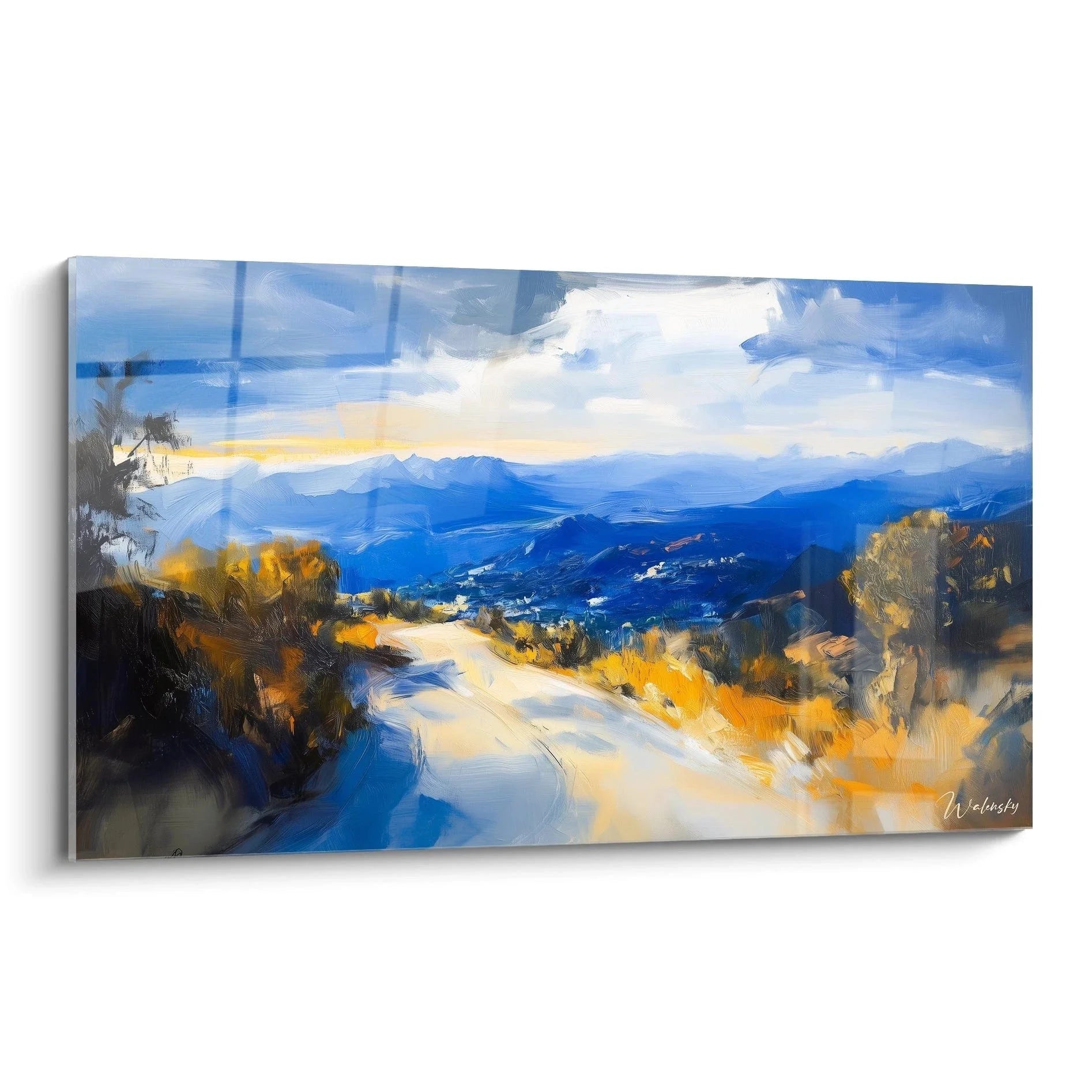 Wandbild Berglandschaft mit blauem Alpenpanorama und gewundenem Bergweg in expressionistischer Malweise