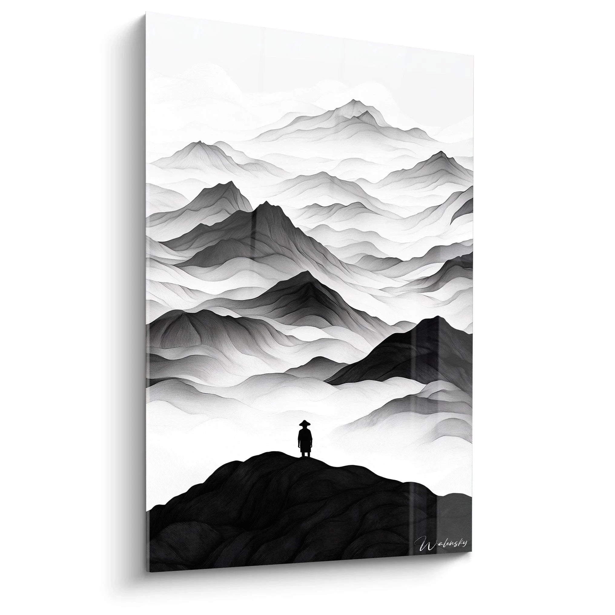 Wandbild Berglandschaft schwarz weiß mit einsamer Figur Caspar David Friedrich Stil romantische Kunst