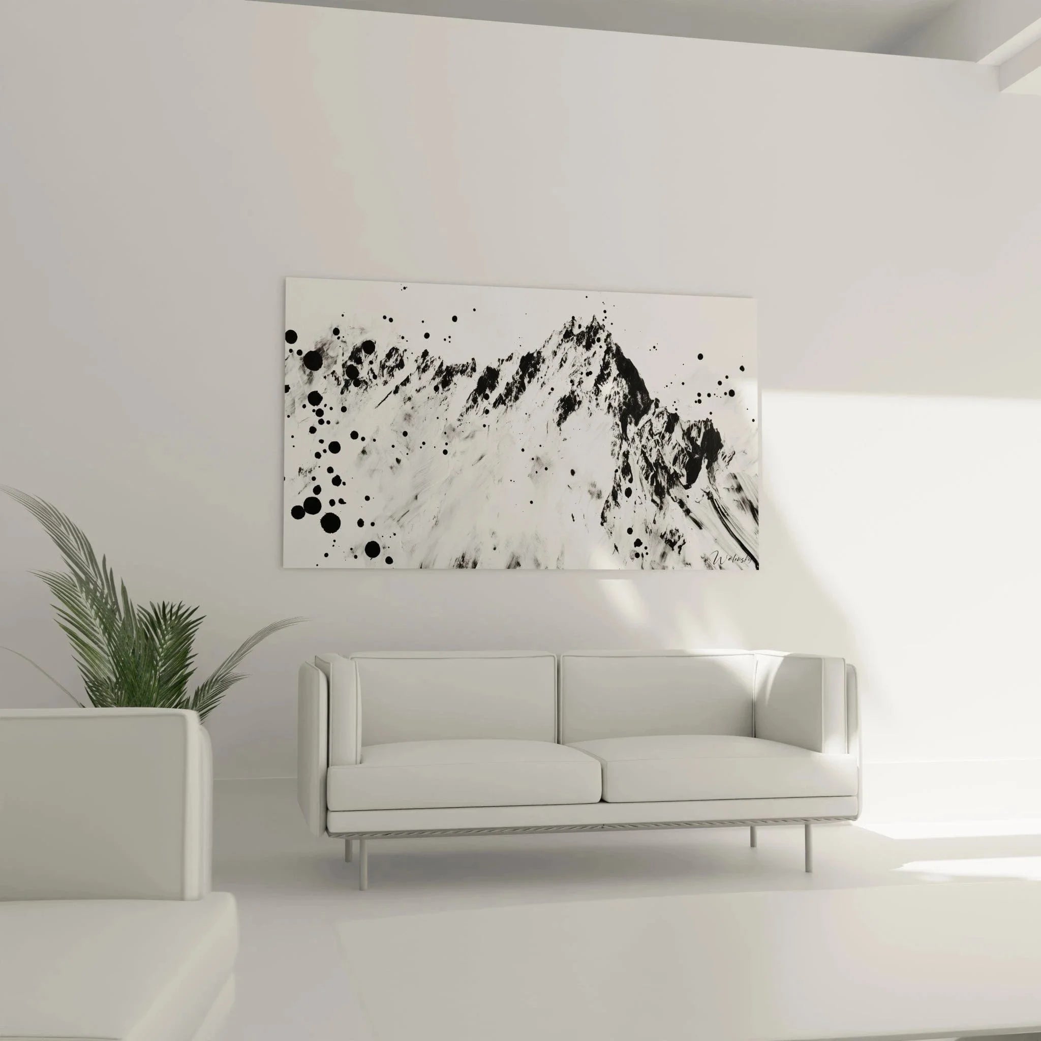 Detailansicht Wandbild Berglandschaft, schwarze Tupfen auf weißem Grund, Dalmatiner Optik Kunstdruck