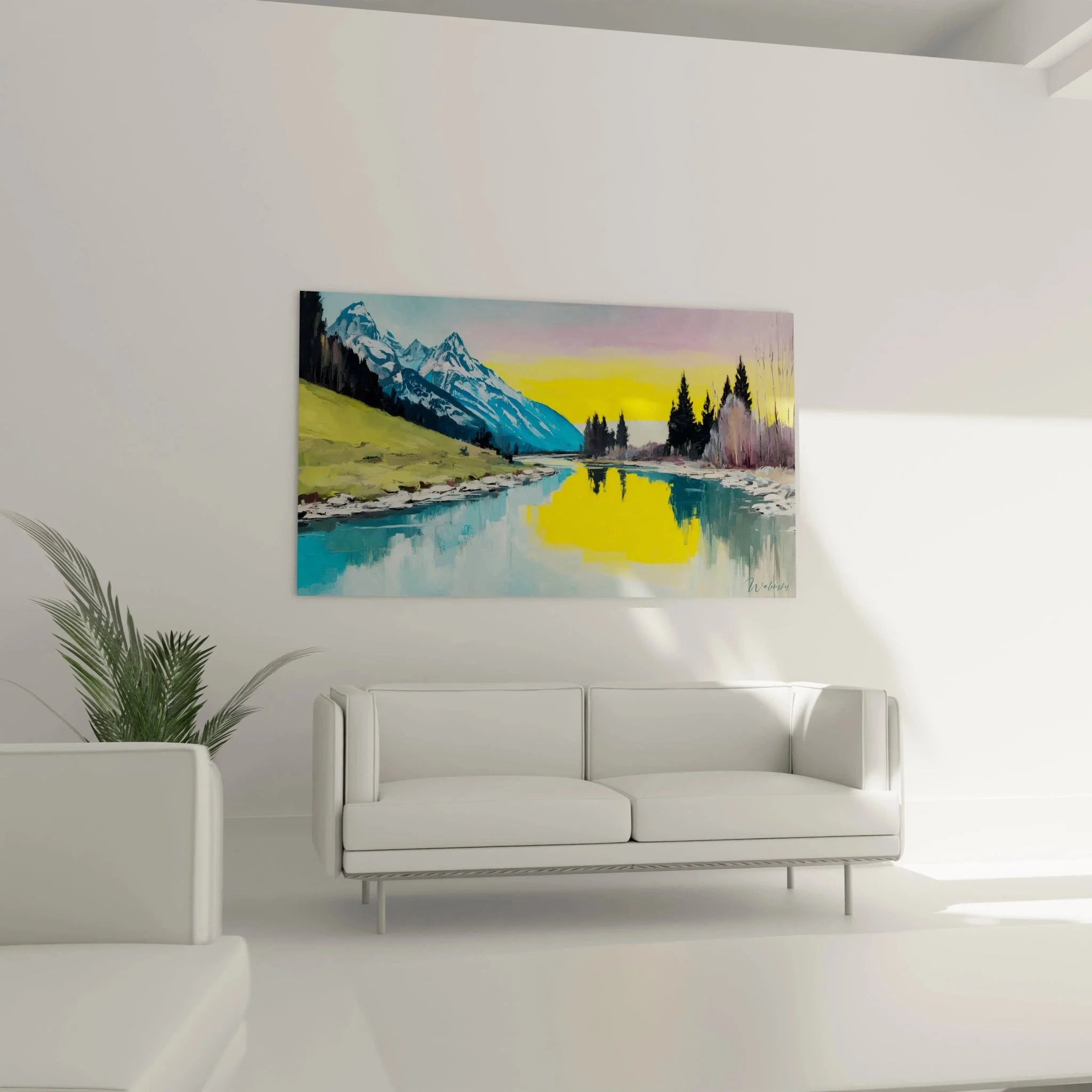 Nahaufnahme Wandbild Berglandschaft Detail der impressionistischen Pinselführung und Farbübergänge