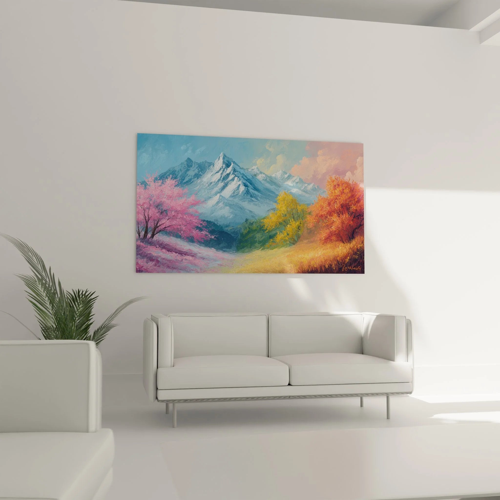 Detailaufnahme Wandbild Berglandschaft zeigt rosa Blütenbäume und schneebedeckte Gipfel