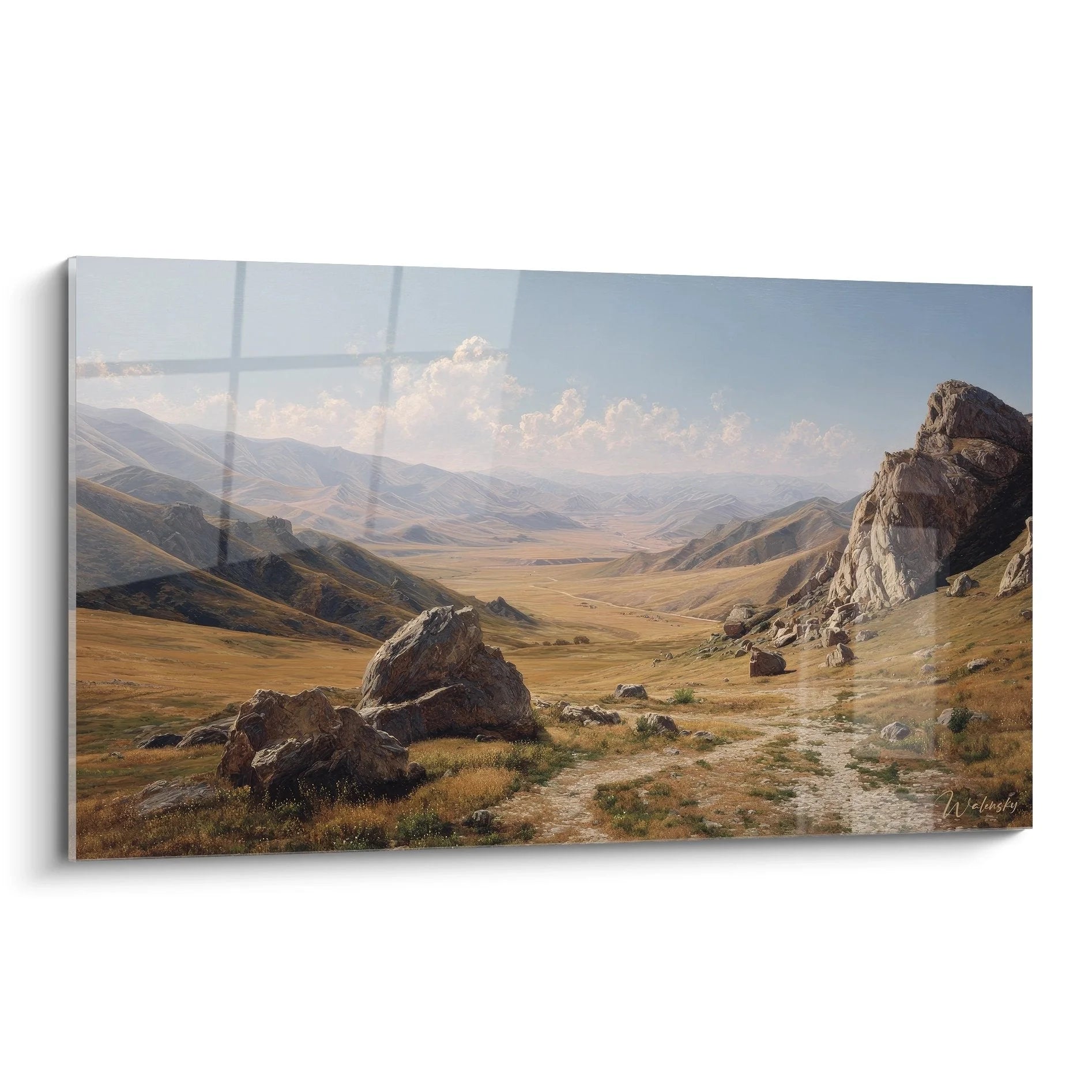 Wandbild majestätische Berglandschaft mit imposanten Felsformationen in goldener Steppenlandschaft