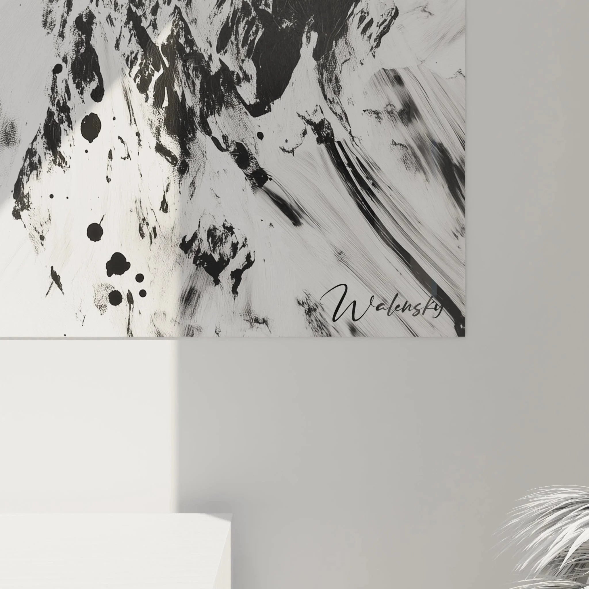 Gesamtansicht Wandbild Bergmotiv schwarz-weiß, gepunktete Optik, moderne Landschaftskunst XXL Format