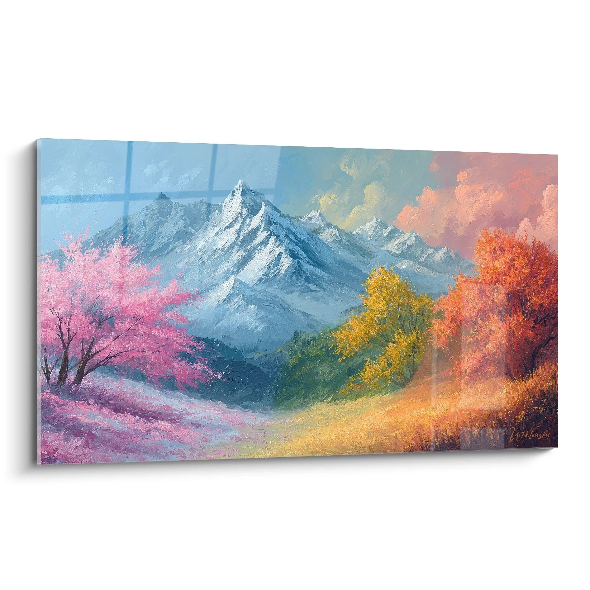 Wandbild Berglandschaft Herbst mit schneebedeckten Bergen und bunten Bäumen in Rosa Orange Gelb