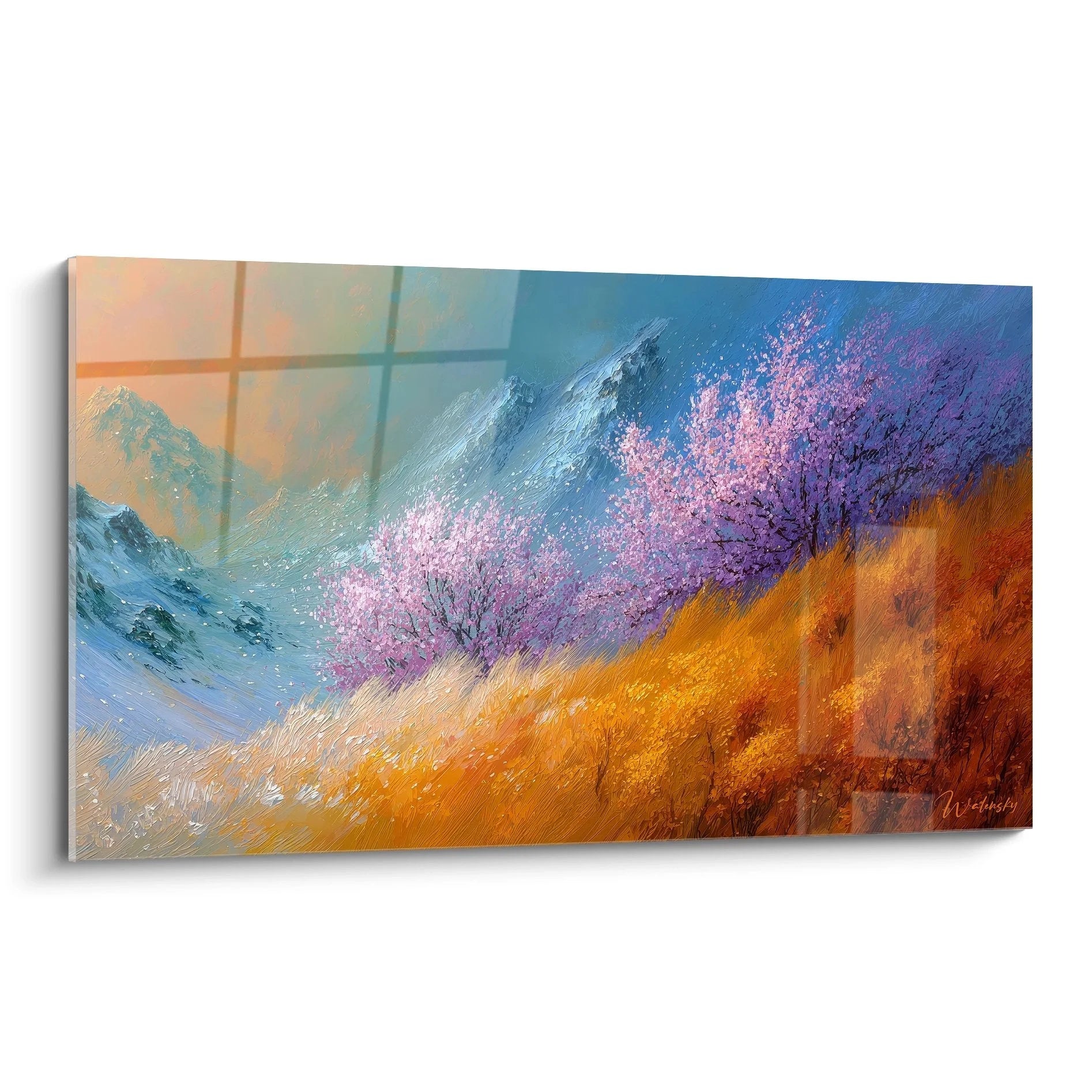 Wandbild Berglandschaft mit rosa Kirschblüten und schneebedeckten Bergen in warmen Farbtönen