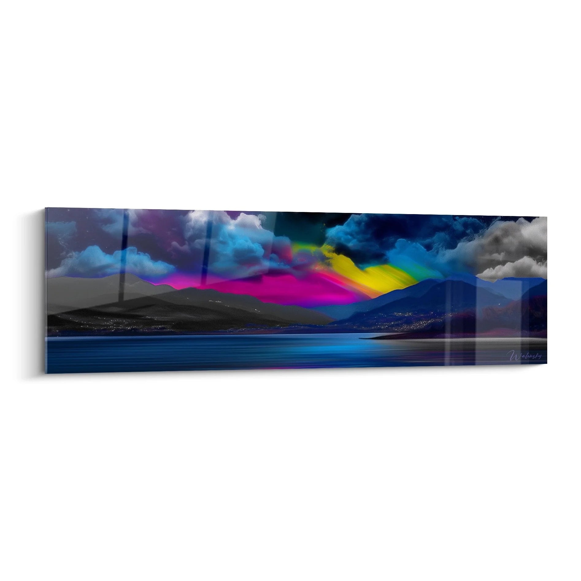 Wandbild Berglandschaft mit mystischen violetten und gelben Farben über ruhigem See