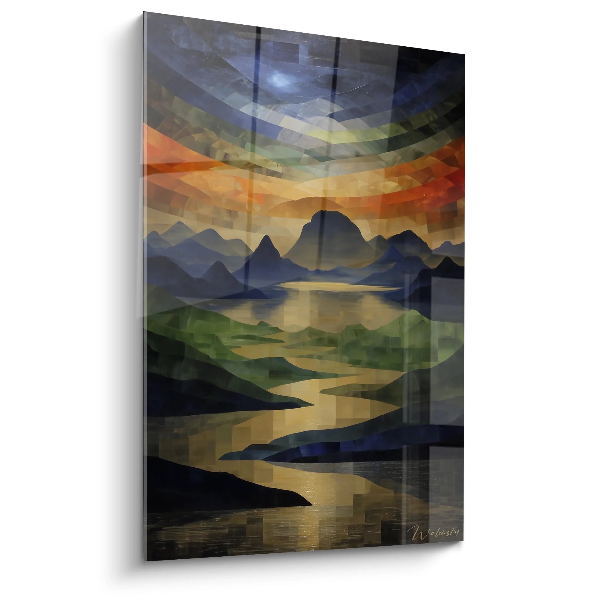 Wandbild mystische Berglandschaft mit goldenem Fluss und geometrischen Farbschichten