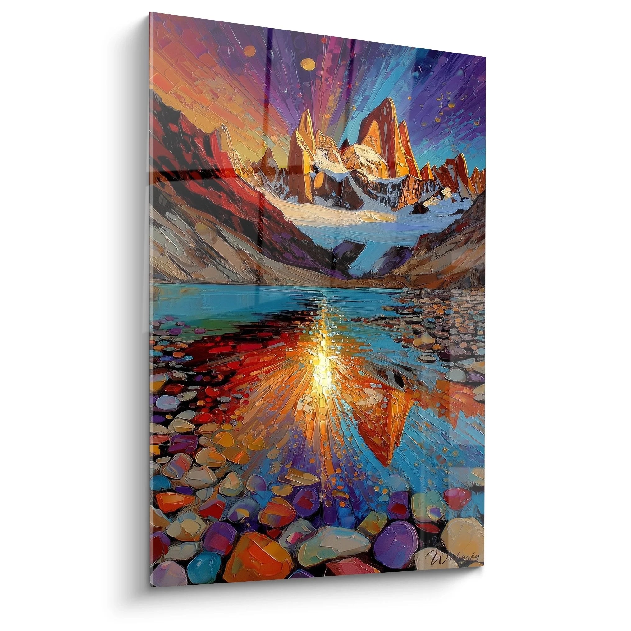 Wandbild Berglandschaft mit mystischer Spiegelung im Bergsee und buntem Steinufer - Edition Berg