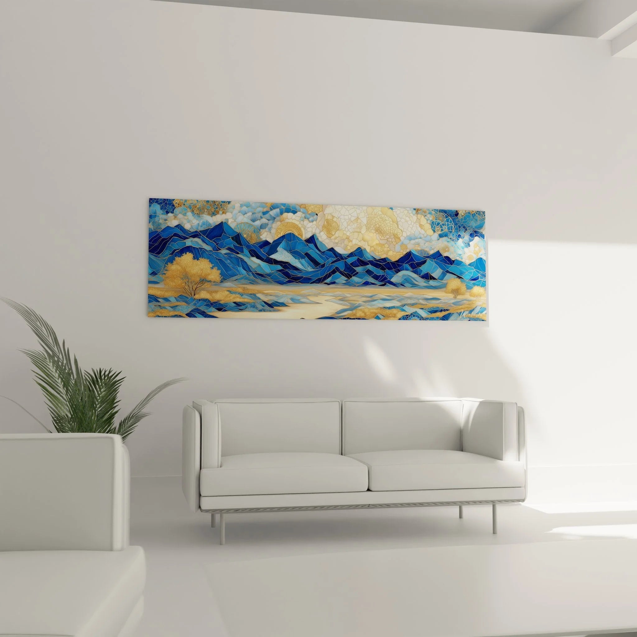 Nahaufnahme Wandbild Berglandschaft Mosaik-Details goldene Bäume blaue geometrische Berge