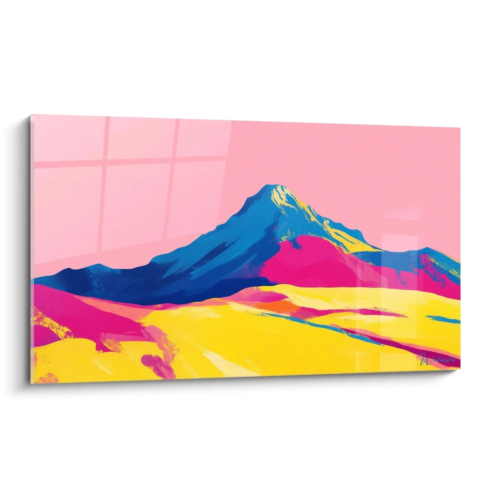 Modernes Wandbild Berglandschaft in Pink Blau Gelb, Edition Jean-Baptiste Camille Corot, abstrakte Naturdarstellung