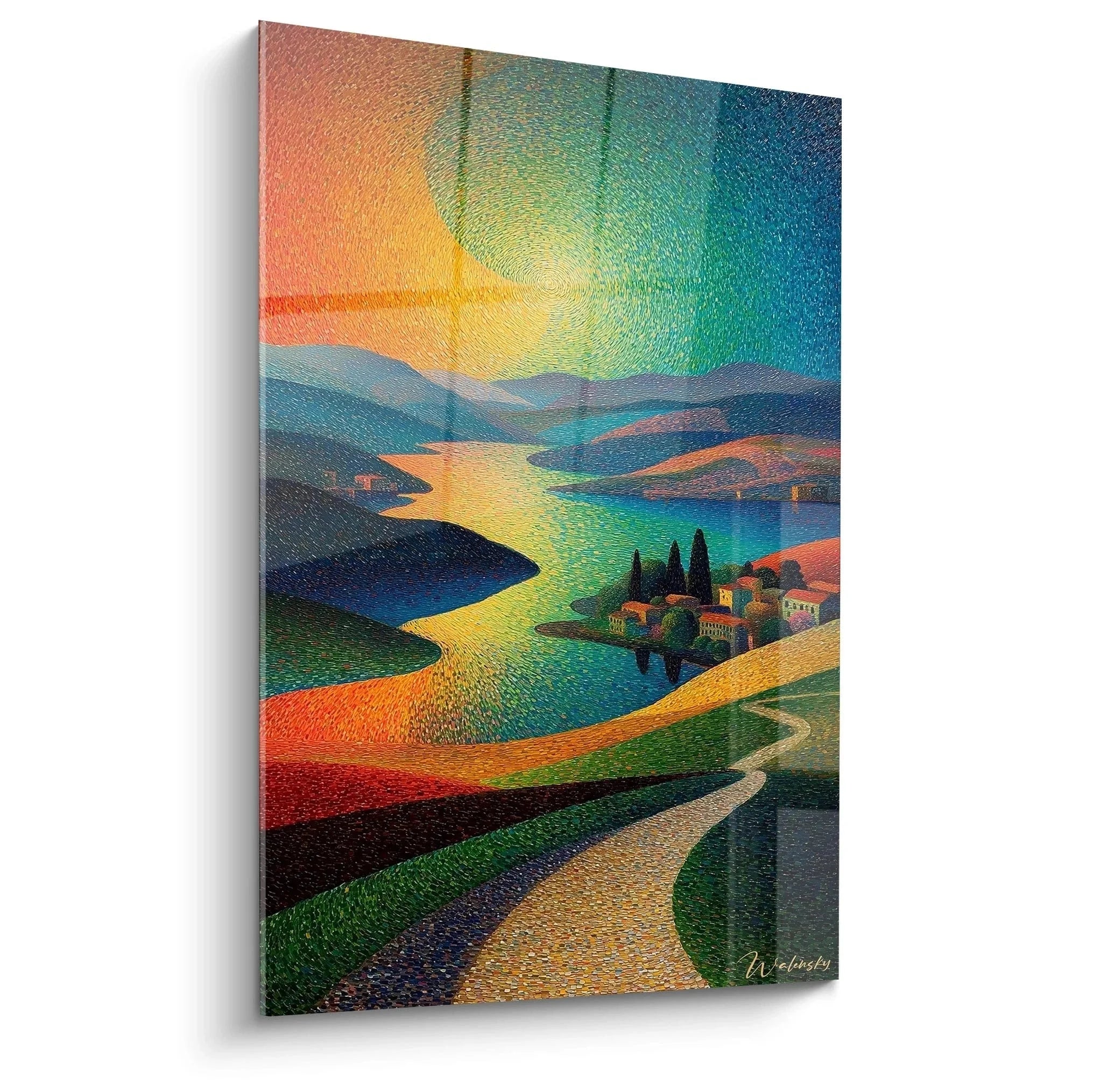 Pointillismus Wandbild mediterrane Berglandschaft mit Fluss und warmem Himmel in leuchtenden Farben
