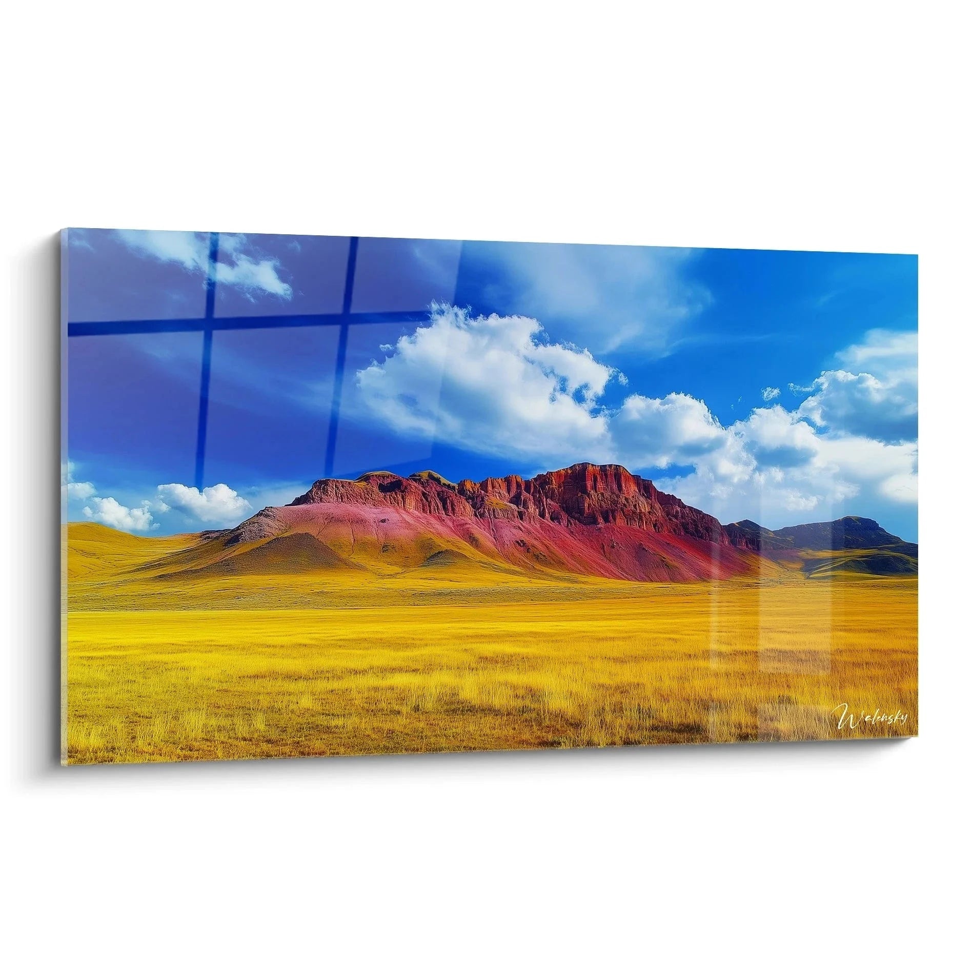 Wandbild rötliche Berglandschaft mit goldenem Grasland unter blauem Himmel - Corot Edition Leinwandbild