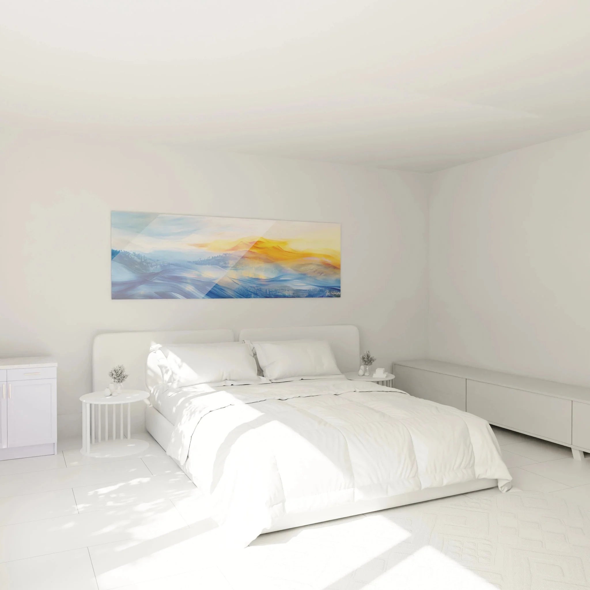 Wandbild Berglandschaft abstrakt im Schlafzimmer Ambiente minimalistische Wanddekoration modern