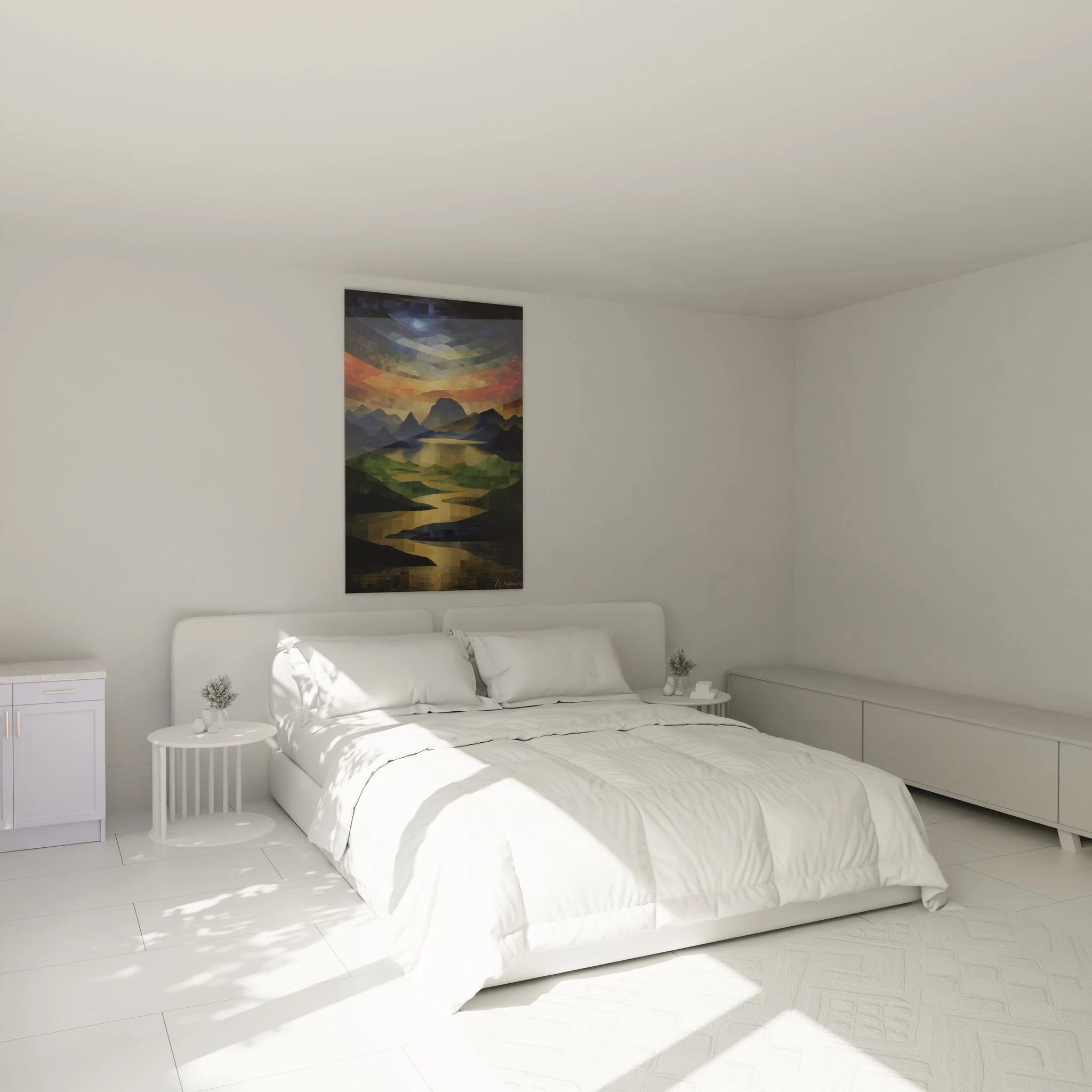 Wandbild Berglandschaft in Schlafzimmer-Ambiente mit warmen Farbtönen