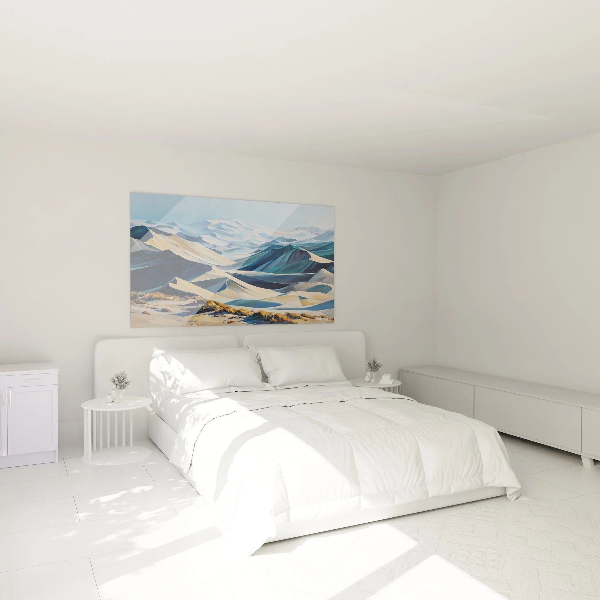 Stilvolles Wandbild Berglandschaft in Schlafzimmer Ambiente mit sanften Wüstentönen