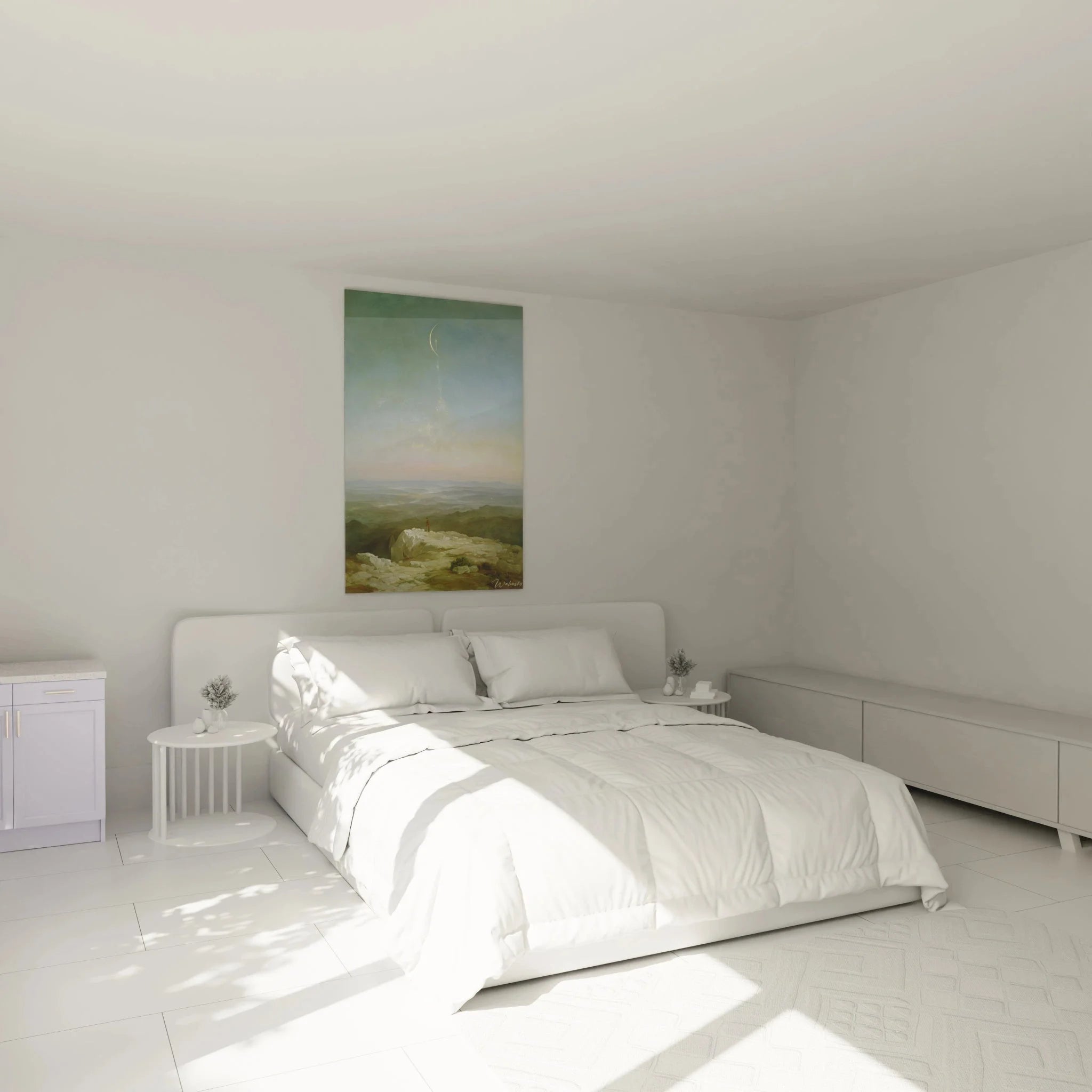 Wandbild Berglandschaft Romantik in modernem Schlafzimmer - stilvolle Wanddekoration mit Morgenstimmung