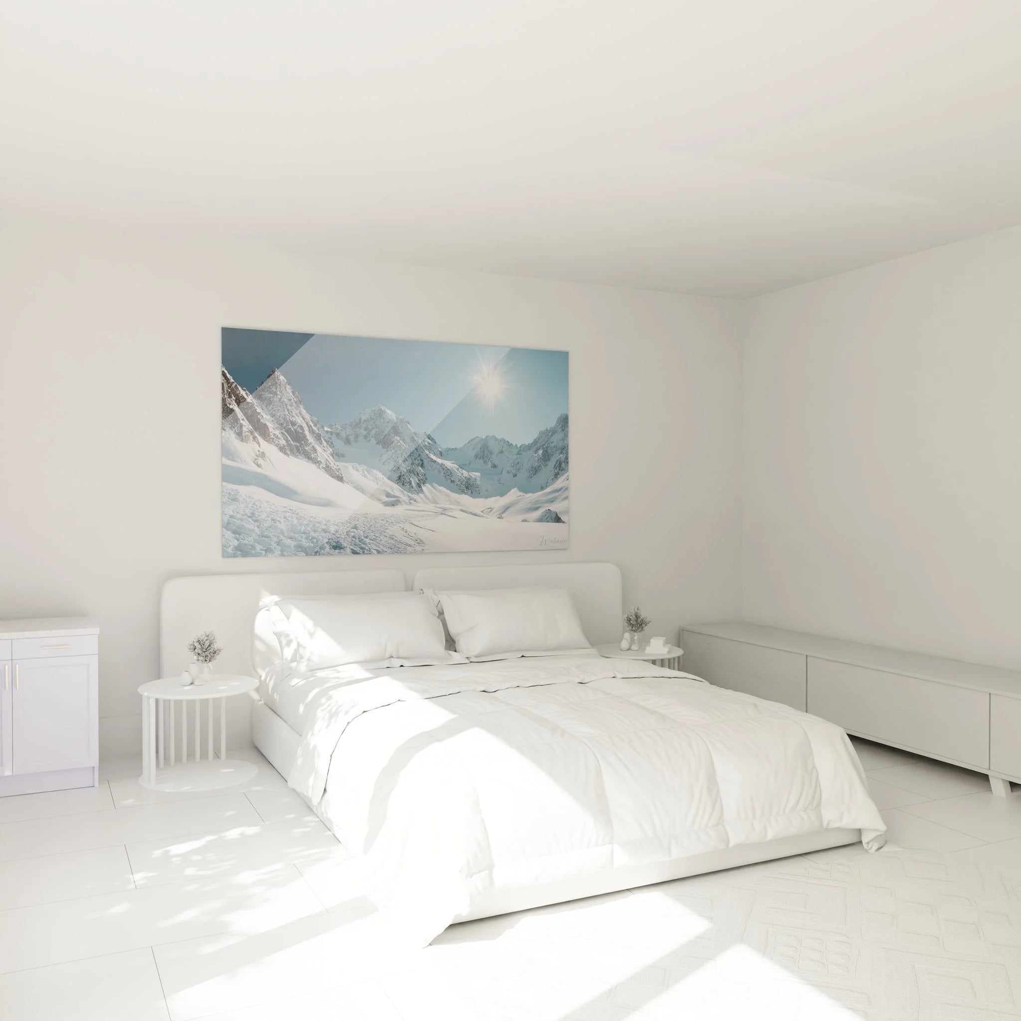 Wandbild Berglandschaft Winter im Schlafzimmer - schneebehangene Alpen als Wanddekoration