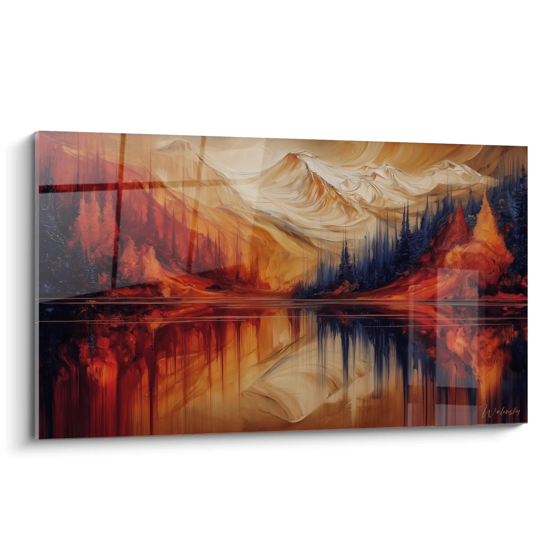 Wandbild Berglandschaft mit Seereflektion in warmen Rot- und Goldtönen, abstrakte Naturkunst für Wanddekoration