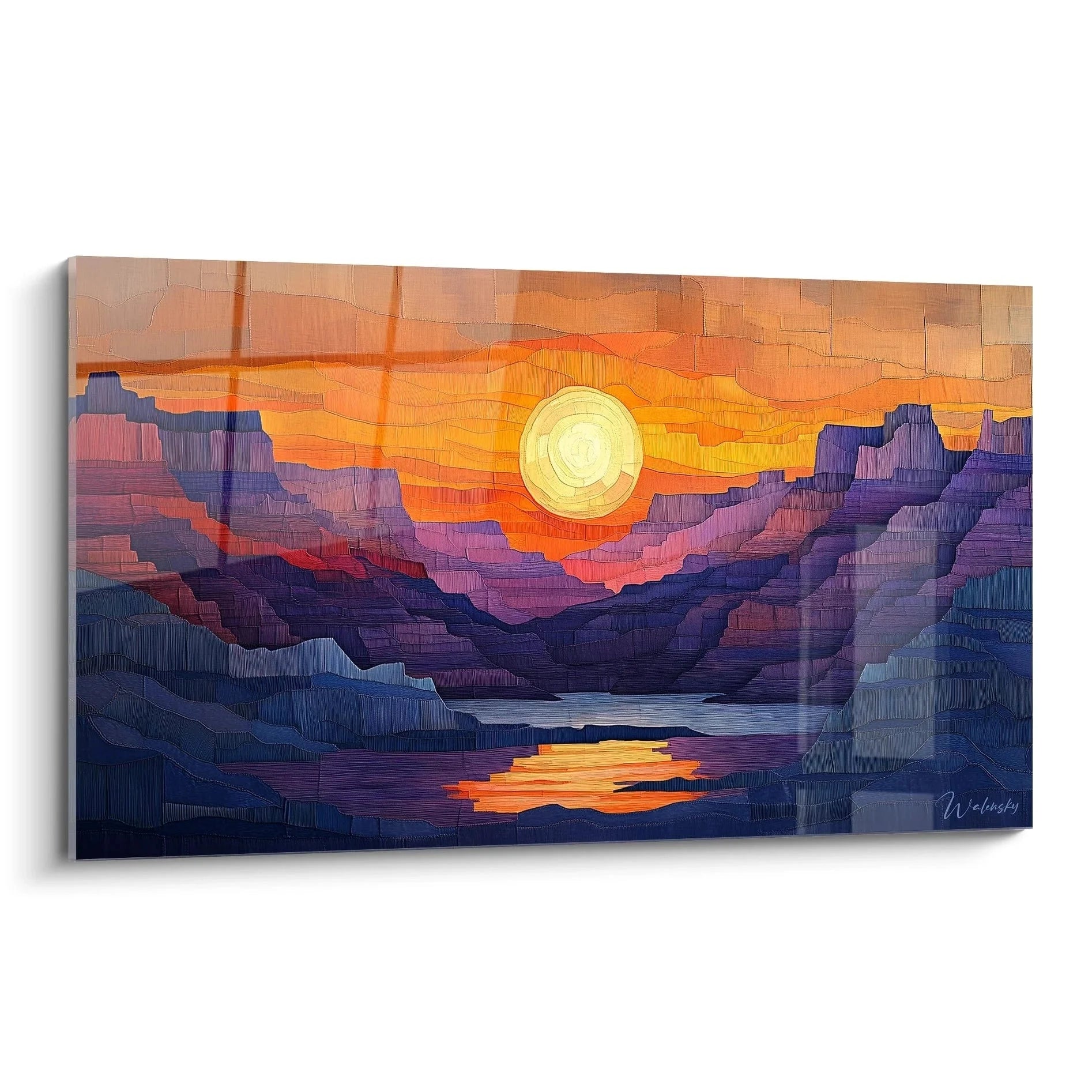 Wandbild Berglandschaft Sonnenuntergang mit goldenem Himmel und Bergsee in geometrischem Mosaikstil