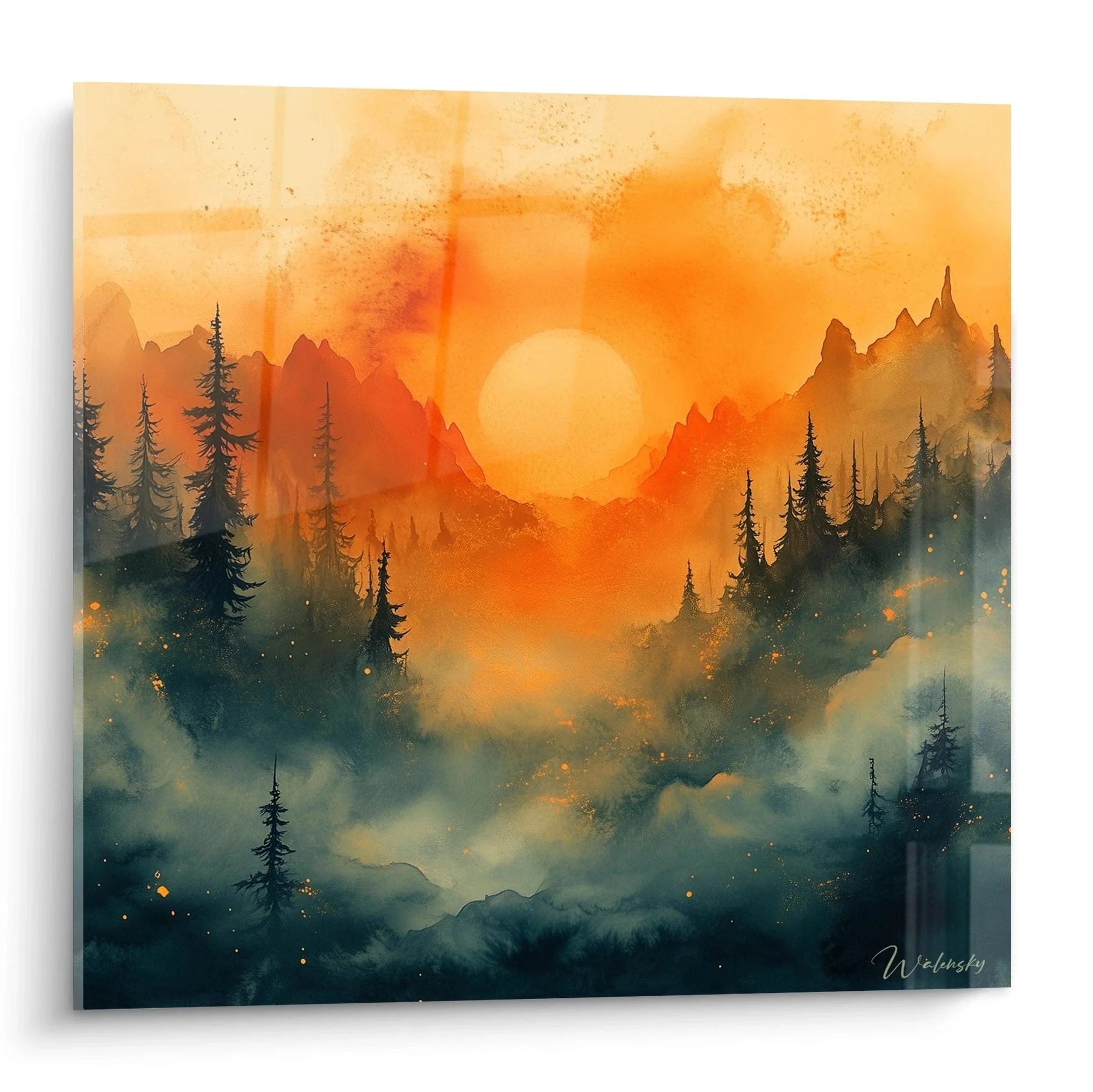 Wandbild Berglandschaft mit mystischem Sonnenuntergang und Nadelbäumen in Aquarell-Technik